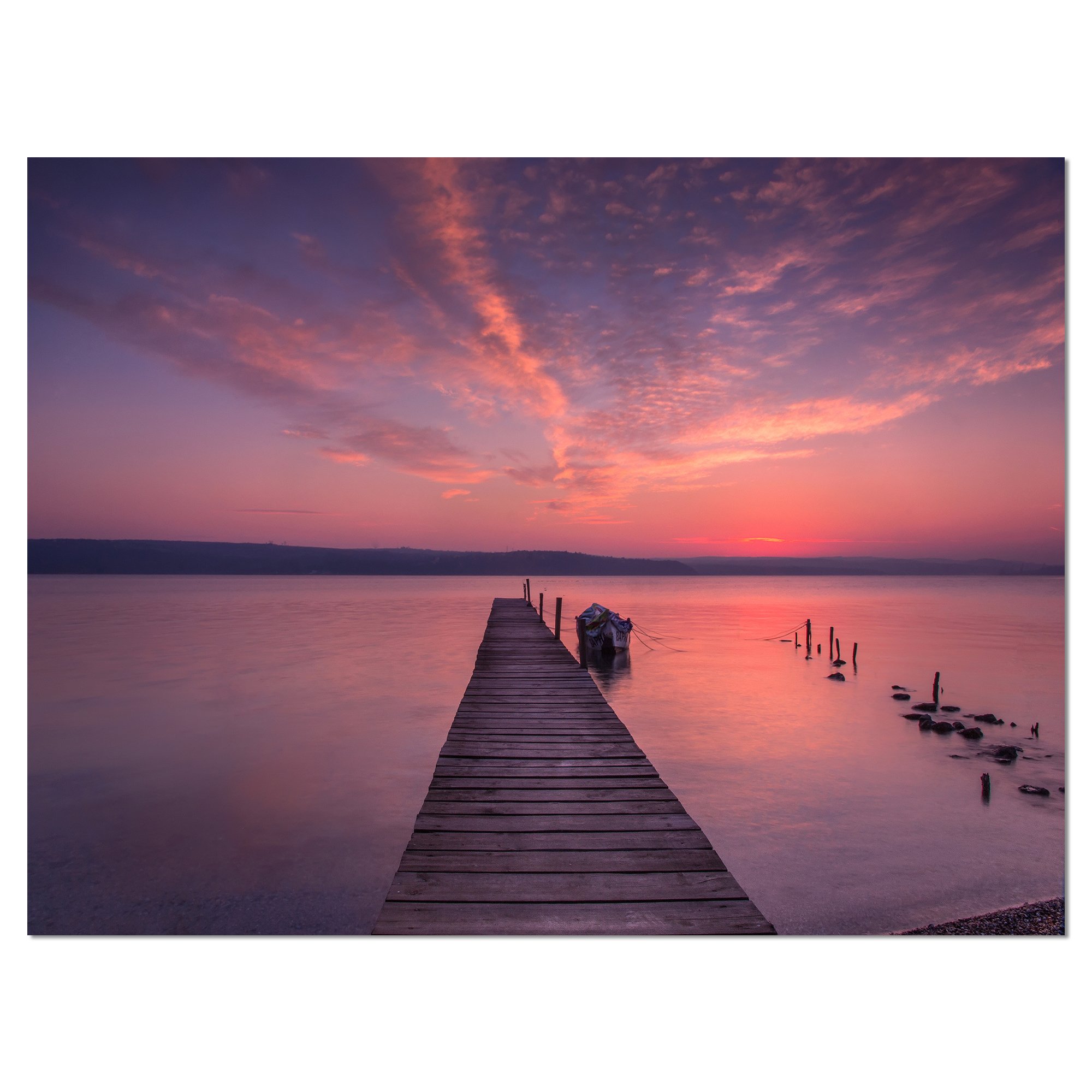 Wooden Pier Under Red Sky Seascape Canvas Wall Art Print - Coastal Beach Decor for Living Room, Bedroom & Office