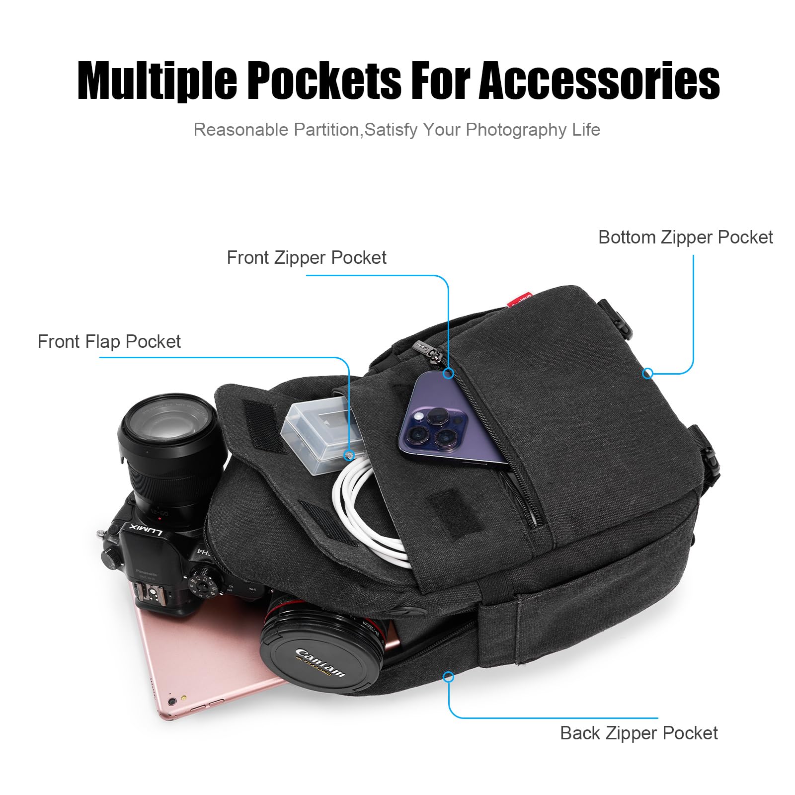 Waterproof Canvas DSLR Camera Shoulder Bag for Nikon Sony - Lightweight Sling Bag for Photographers, Travel & Outdoor Shooting (Large, Black)