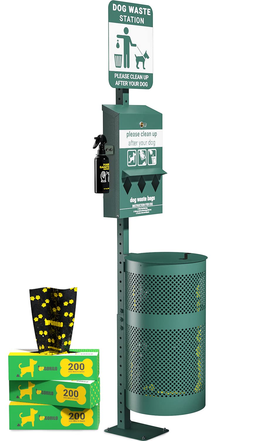 Glow in the Dark Pet Waste Station with 600 Dog Waste Bags & 50 Can Liners - Outdoor Dog Poop Dispenser with Sign, Hand Sanitizer & Lidded Trash Can - Perfect for Parks, Backyards & Dog Walking Areas