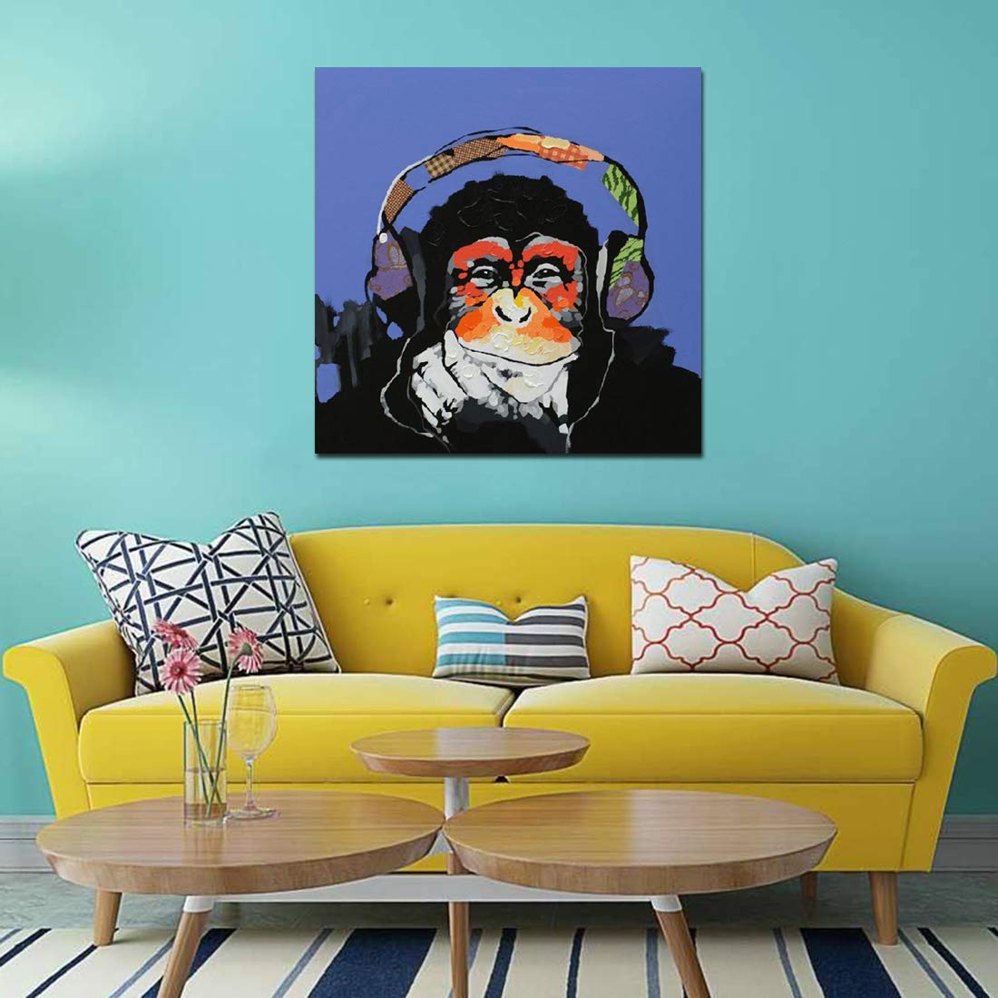 Hand-Painted Gorilla with Headphone Oil Painting Canvas Wall Art - Large 32x32 Inch Stretched Ready to Hang - Perfect for Living Room, Game Room & Office Decor - Unique Blue Animal Artwork for Music Lovers