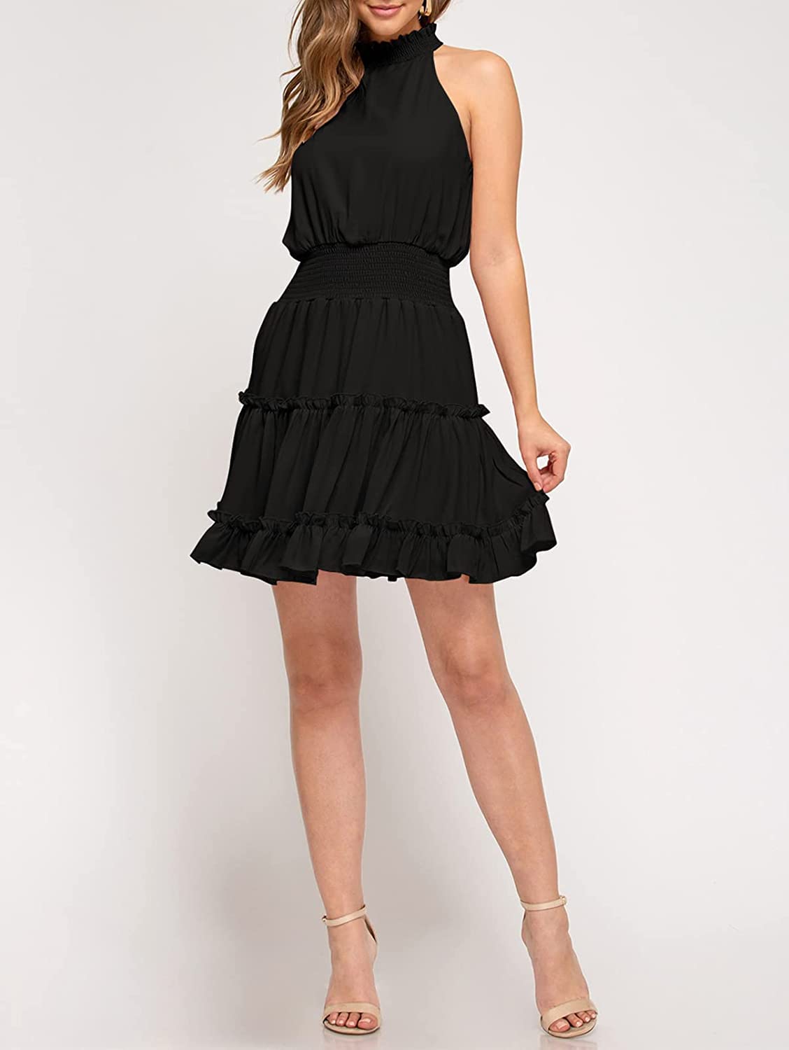Women's Summer Casual Halter Neck A-Line Dress - Sleeveless Smocked Waist Ruffle Mini Dress for Beach, Party & Vacation Wear