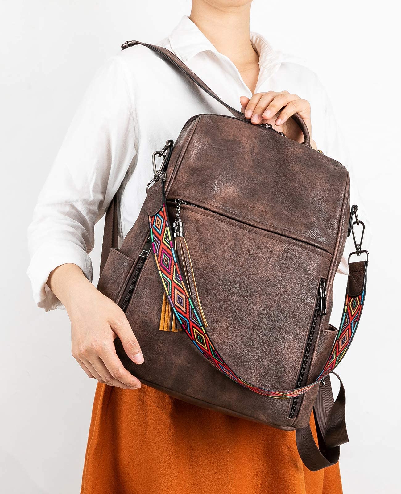 FADEON Women's Leather Backpack Purse - Stylish PU Travel Backpack with Tassel in Coffee Brown | Perfect for Work, College & Weekend Getaways