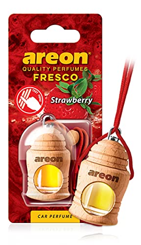 AREON Fresco Hanging Car Air Freshener - Natural & Woody Scent, Long-Lasting 40-50 Days Fragrance - Wood Pendant Diffuser - Essential Car Accessories - Strawberry Aroma - Perfect for Cars, Trucks & SUVs