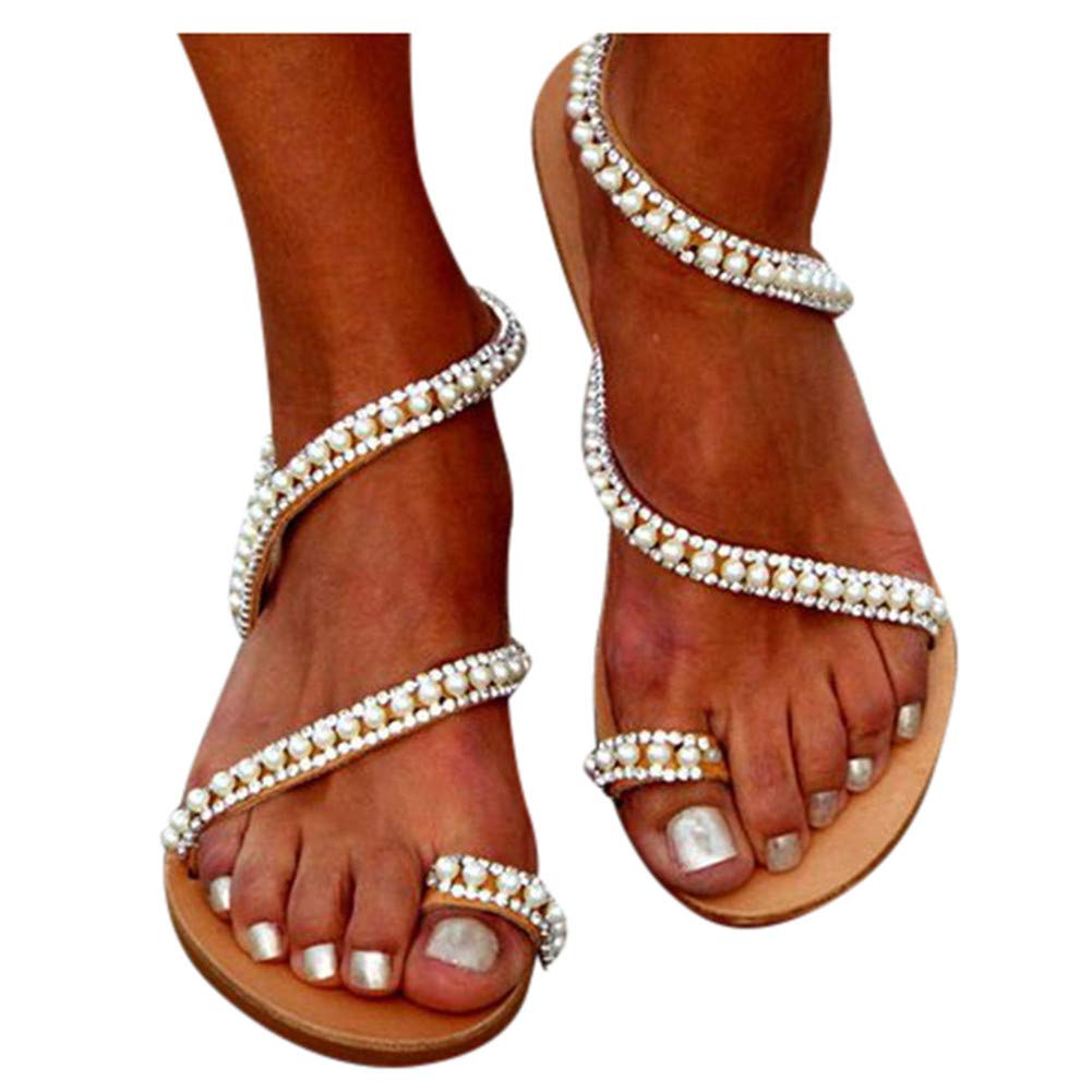 Women's Bohemian Rhinestone Pearl Thong Sandals - Gladiator Flat Open Toe Dress Shoes for Summer Beach Wedding & Party Occasions