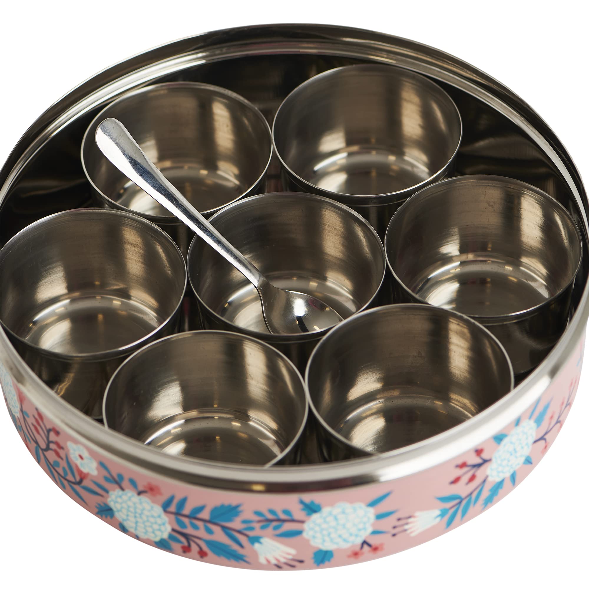 Chumbak Peachy Floral Spice Box - Stainless Steel Kitchen Storage Container for Spices, Tea, Coffee & Essentials | Multipurpose Organizer for Pantry, Countertop & Dining Table