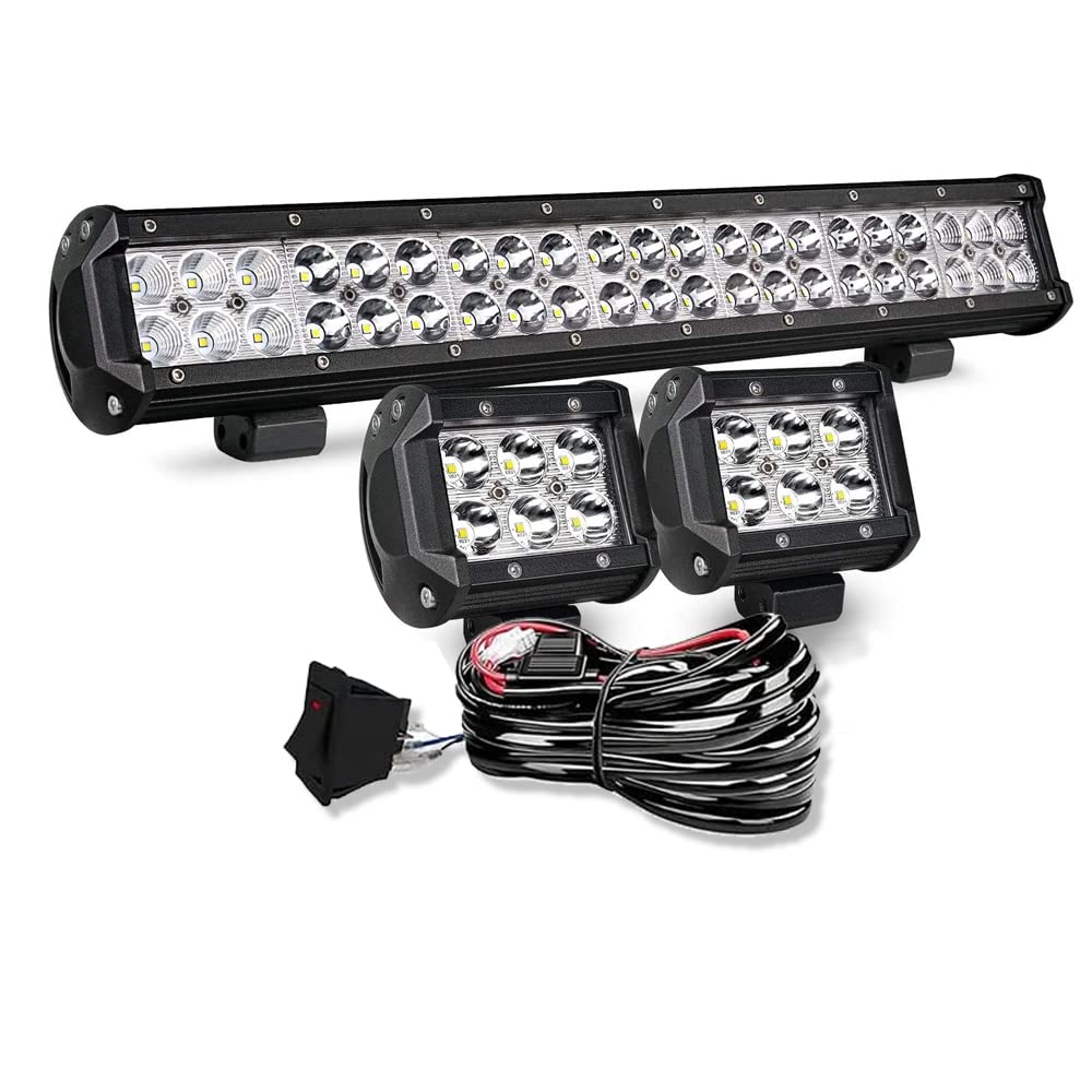 20 Inch 126W LED Light Bar Combo Spot Flood Beam - 2PCS 4 Inch LED Spot Pods with Rocker Switch & Wiring Harness - Waterproof Off Road Lights for Trucks, ATVs, UTVs - 1 Year Warranty (Perfect for Night Off-Roading, Camping, Emergency Lighting)