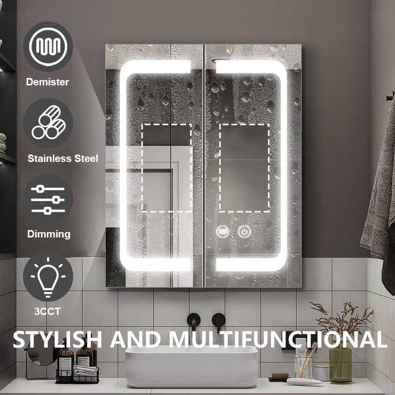 24 Inch X 28 Inch LED Illuminated Bathroom Mirror Cabinet - Stainless Steel Wall Mounted Medicine Cabinet with Touch Control, Color Changing, Dimmer & Anti-Fog Features - Perfect for Modern Bathrooms, Vanities and Makeup Areas