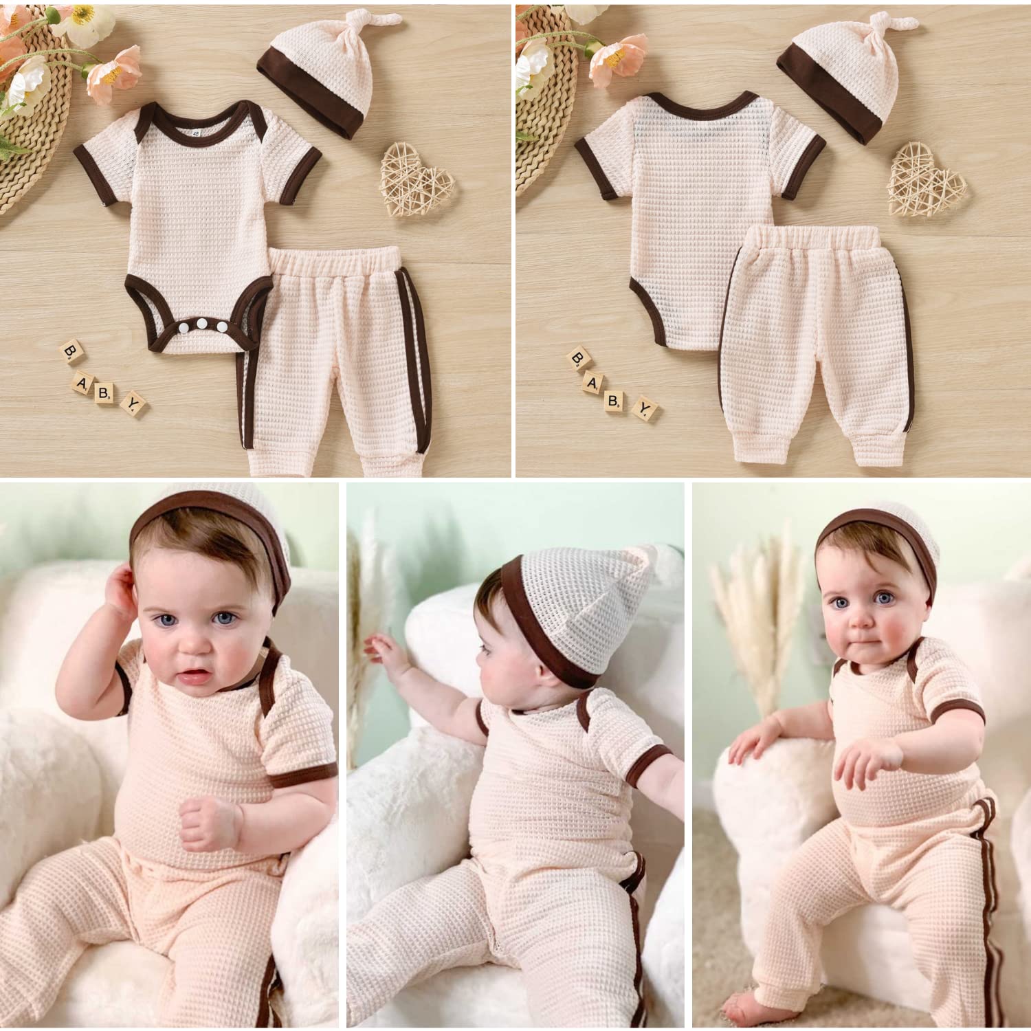 Unutiylo Unisex Preemie Baby Clothes - Neutral Waffle Romper & Pants Set for Newborn Boys & Girls | Soft Short Sleeve Outfits for Hospital, Photography & Everyday Wear
