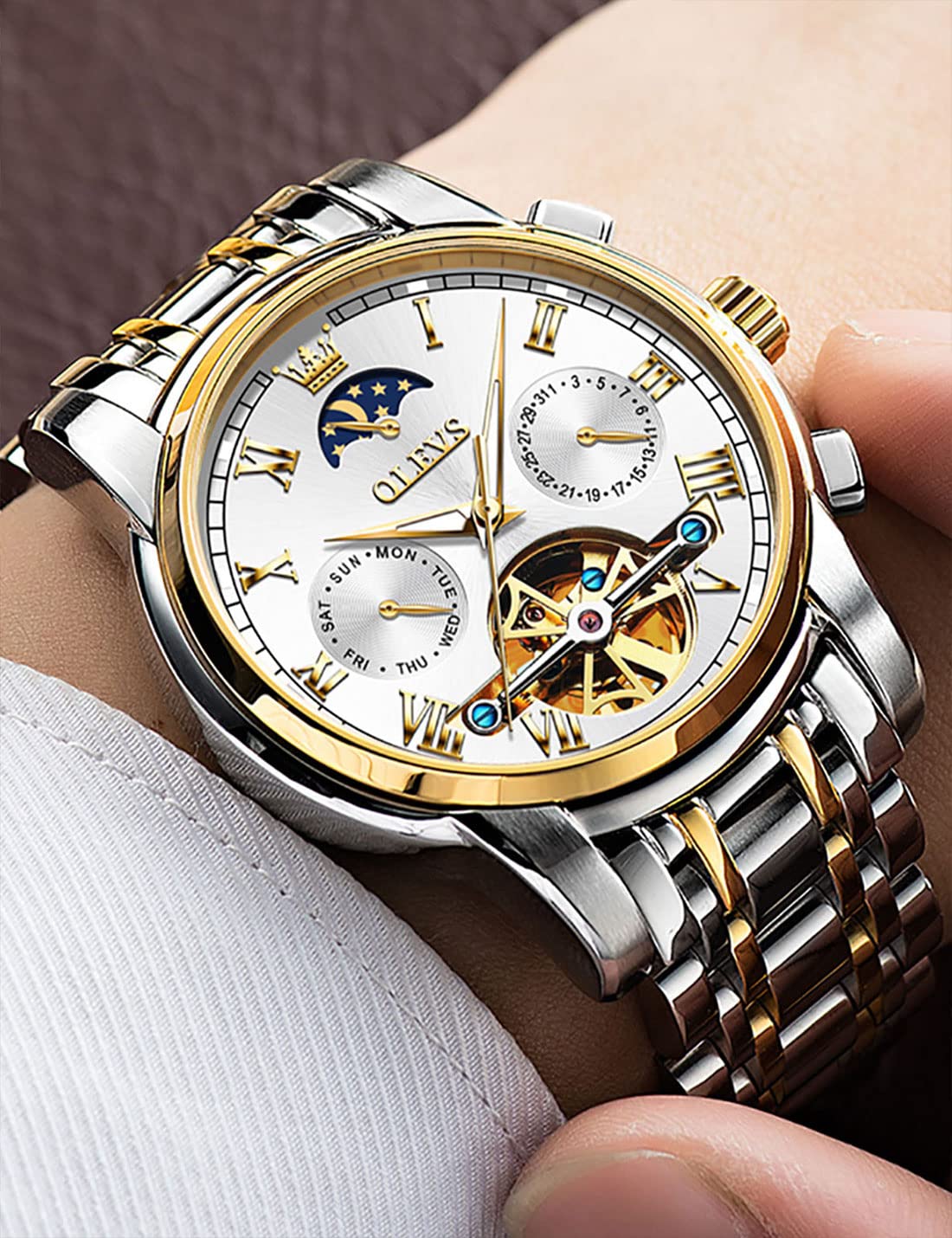 OLEVS Automatic Self-Winding Men's Watch with Date & Day Calendar, Stainless Steel Skeleton Tourbillon Watch - No Battery, Waterproof (30M) - Perfect for Business, Casual & Formal Occasions
