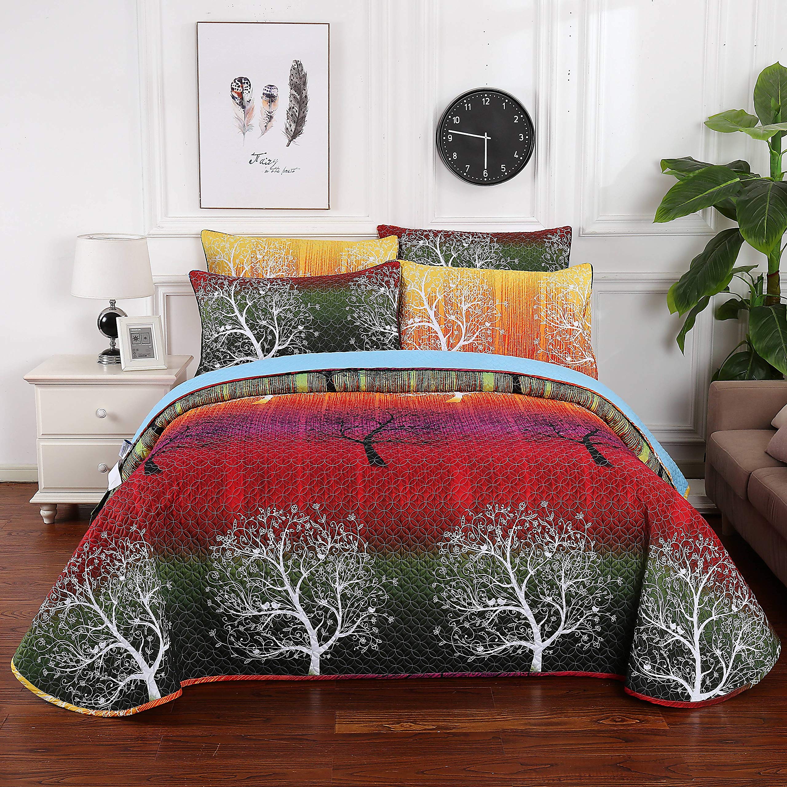 Rainbow Tree Pillow Shams Queen Size - Soft Quilted Yellow Decorative Pillowcases for Bedroom Decor, Living Room Accent Pillows