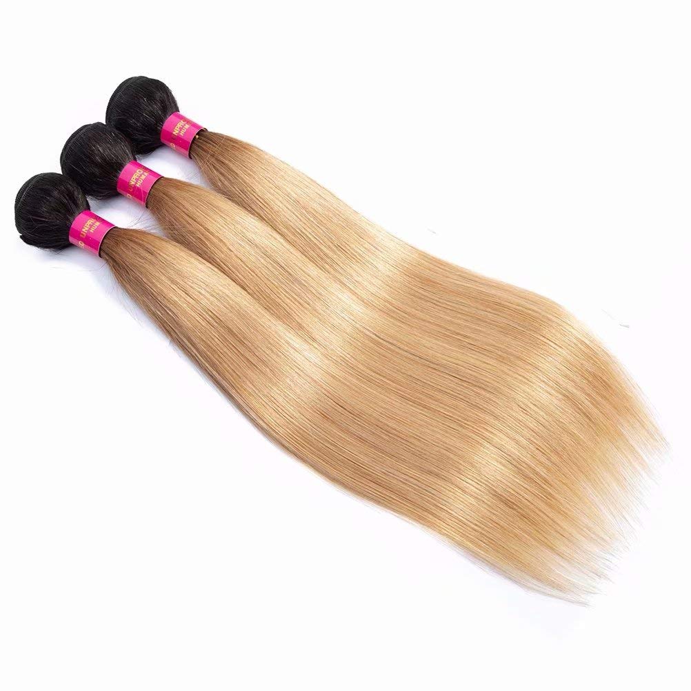 FEEL ME Ombre Brazilian Hair Weave 3 Bundles 10 12 14 Inch - 1B/27 Honey Blonde Straight Virgin Hair Extensions | 8A Mink Unprocessed Human Hair | Perfect for Daily Styling, Parties & Special Occasions