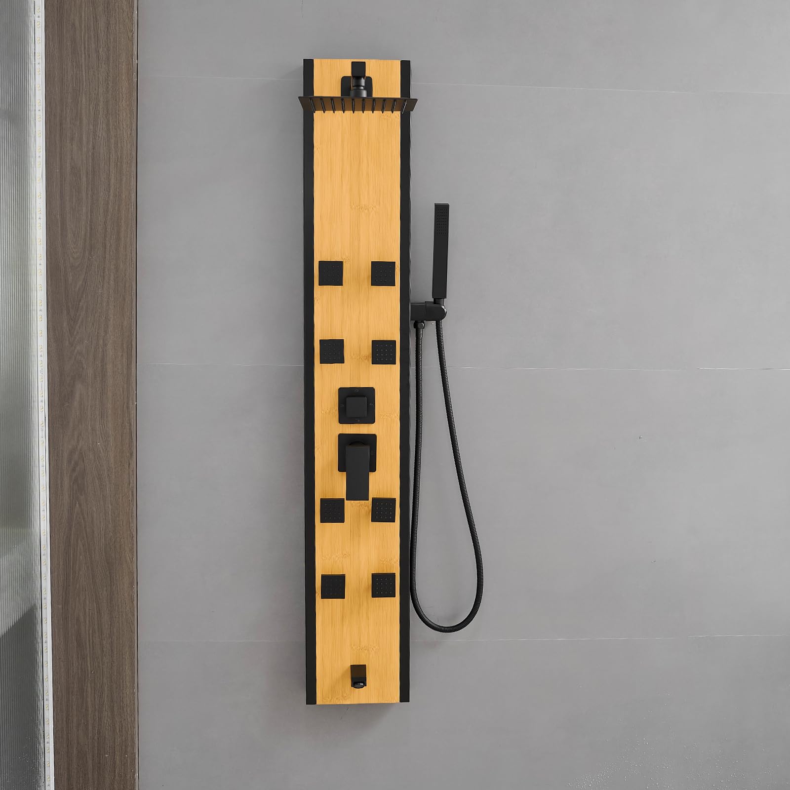 Premium BWE Stainless Steel 8-Jet Shower Panel System - Multi-Function Wall Mount Shower Column with Handheld Wand, Black & Bamboo Design for Luxurious Spa-Like Bathroom Experience