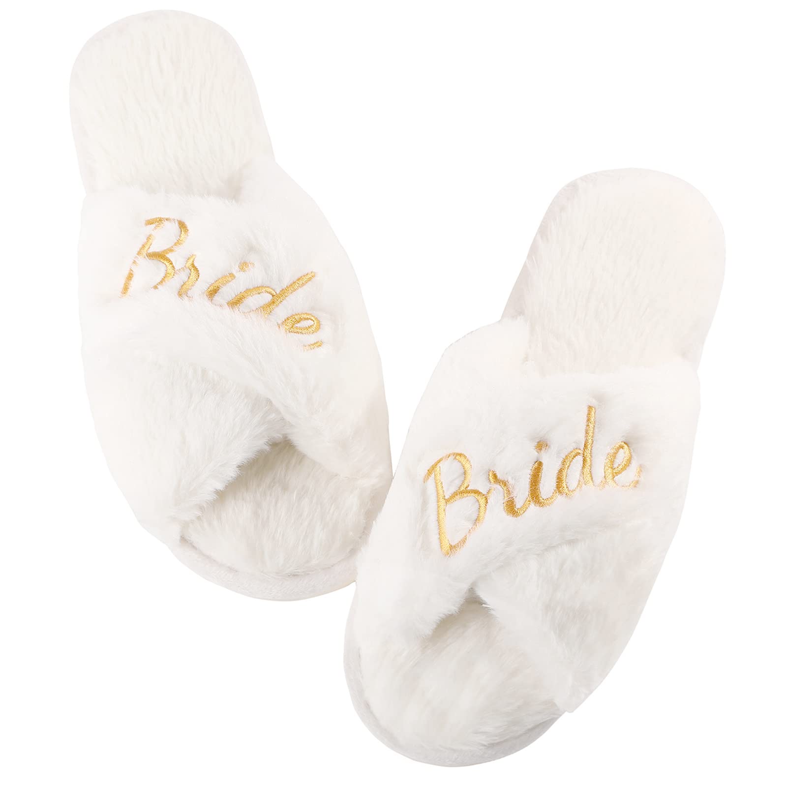 White Fuzzy Bridal Slippers for Wedding Day - Soft Plush Bride Slippers for Bachelorette Party, Bridal Shower Gift - Perfect for Getting Ready Photos & Wedding Morning Comfort