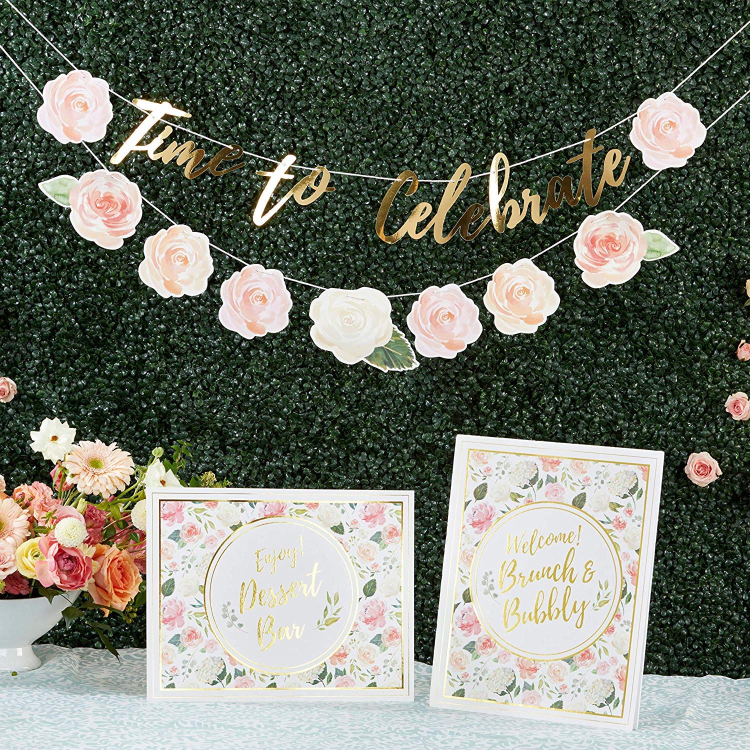 Kate Aspen Floral Brunch Decor Kit - Gold Foil Party Supplies with Banner & Sign for Tea Party, Wedding, Bridal Shower | Perfect for Birthday Celebrations, Baby Showers & Bridal Events