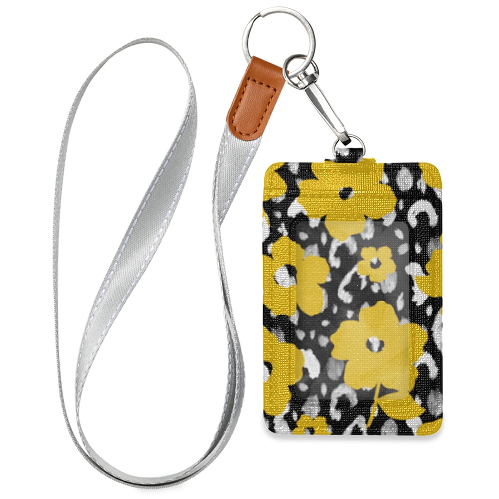 Yellow Leather ID Badge Holder with Lanyard - 2 Card Slots for Office & School Staff
