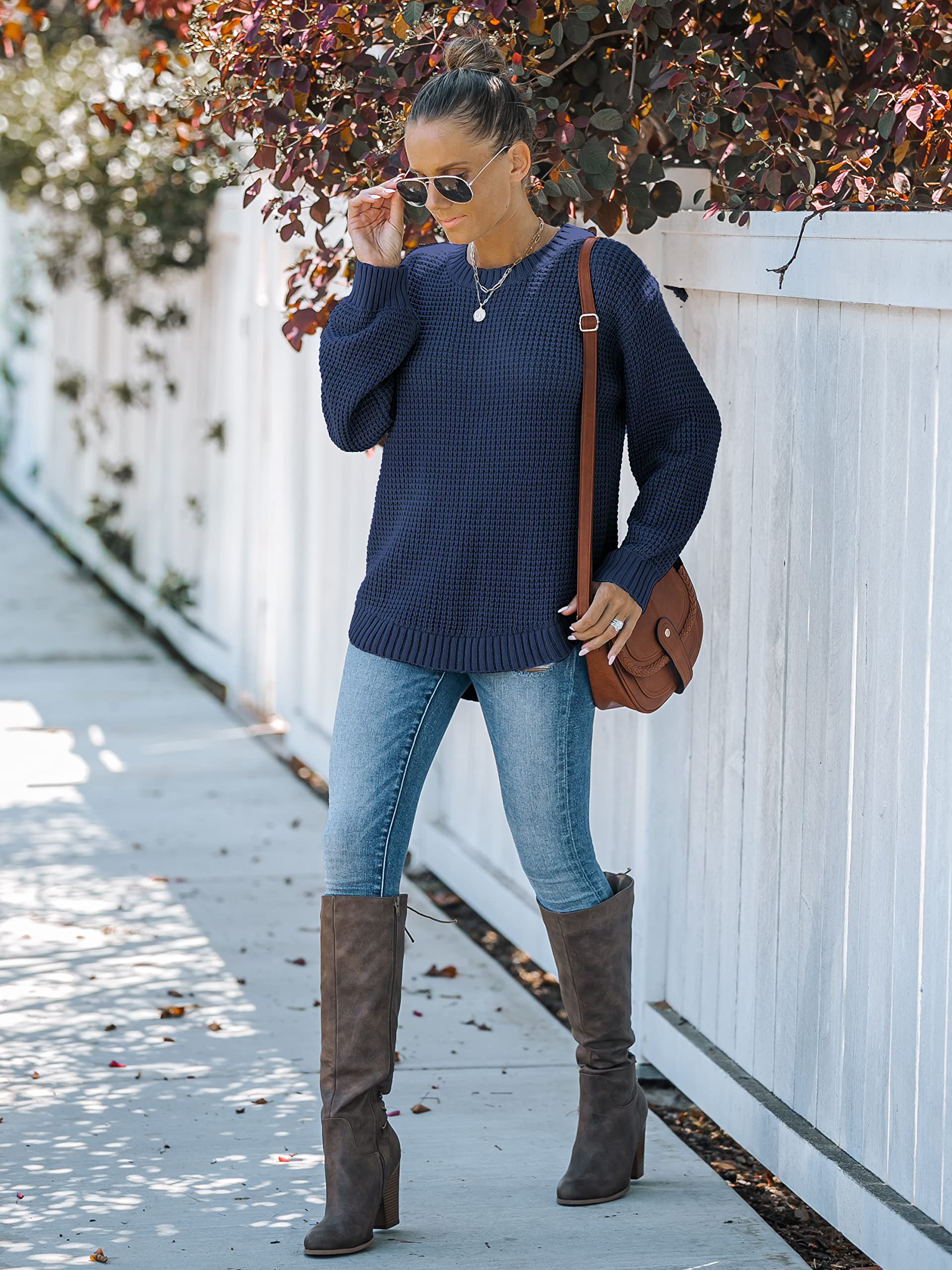 MEROKEETY Women's 2024 Fall Waffle Knit Sweater - Long Balloon Sleeve Loose Pullover Jumper | Cozy Casual Knitwear for Autumn Outfits, Office Wear & Weekend Brunch