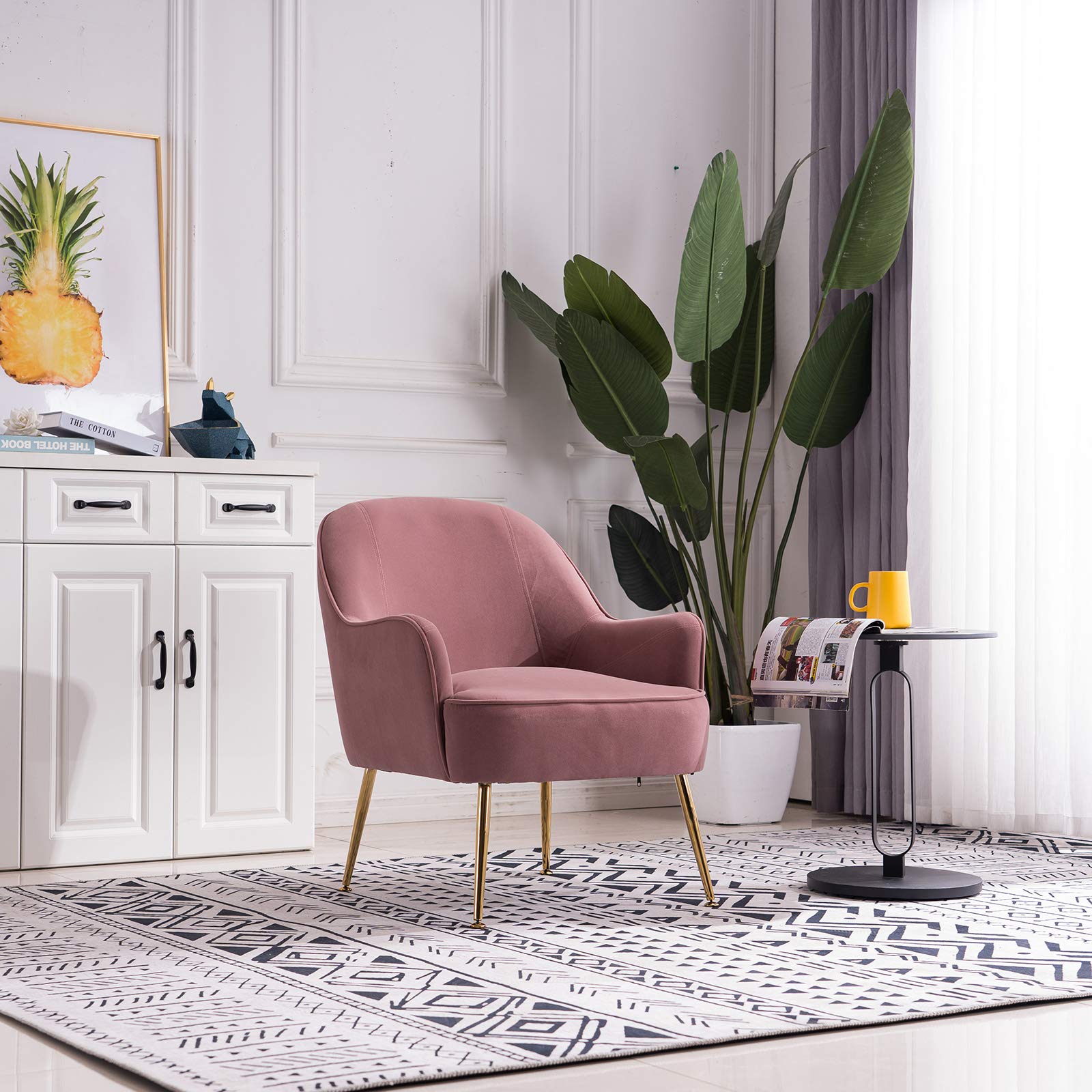 Modern Soft Velvet Pink Ergonomic Accent Chair with Gold Adjustable Legs - Perfect for Living Room, Bedroom & Home Decor | Comfortable Seating for Relaxing, Reading & Lounging