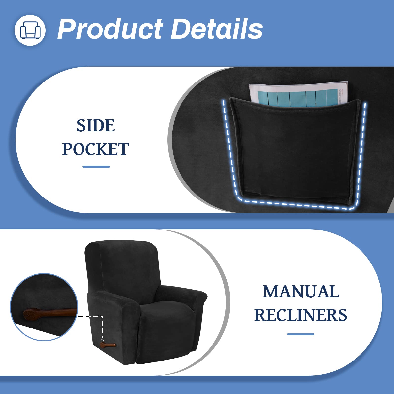 WEERRW Velvet High Stretch Recliner Chair Cover - Washable Furniture Protector with Non-Slip Elastic Bottom for Kids & Pets - Black - Perfect for Living Room, Home Theater & Office Recliners