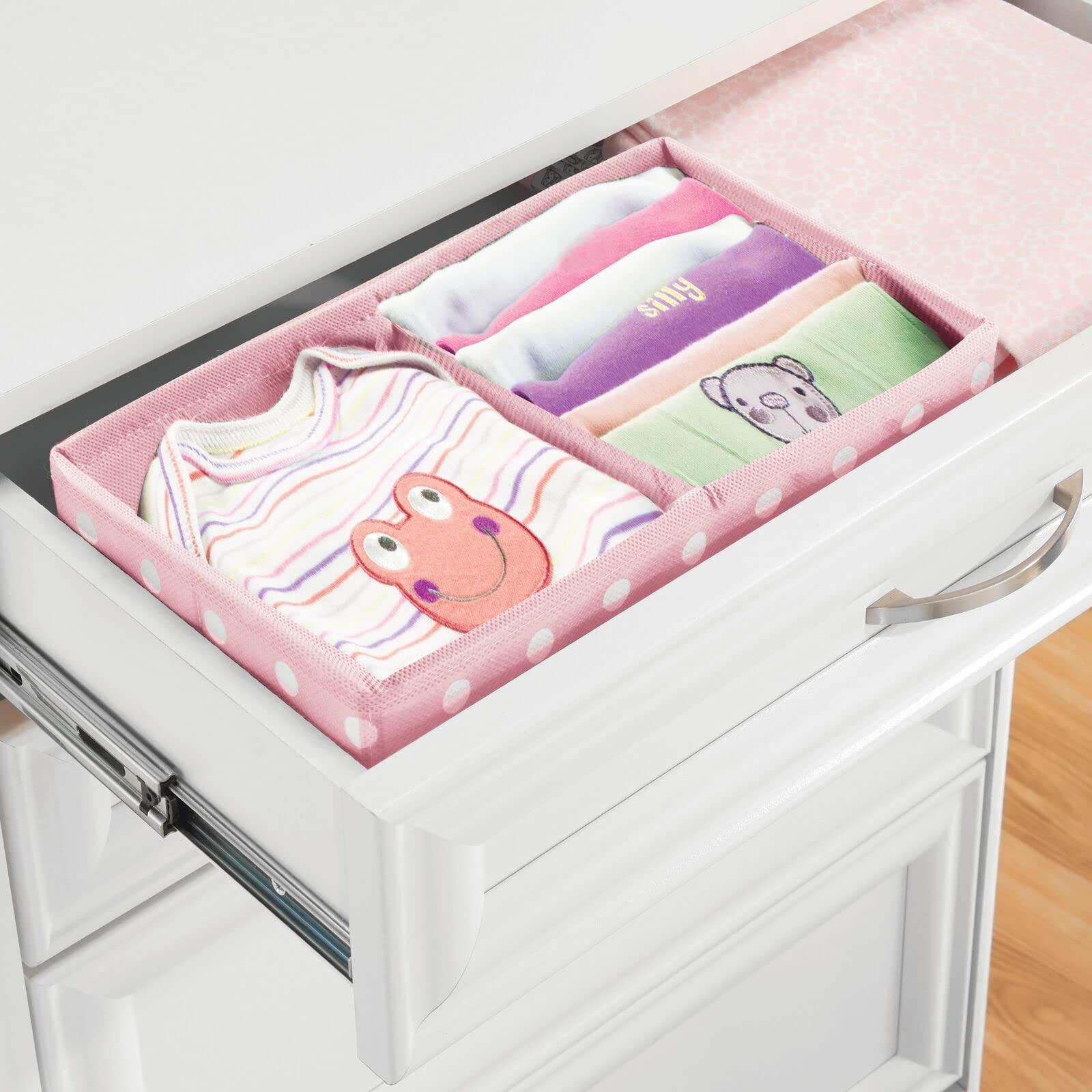 mDesign Fabric Drawer Organizer Bins - Set of 2 or 6 Pack, Pink/White Polka Dot - Perfect for Kids & Baby Nursery Dresser, Closet, Shelf & Playroom Organization - Holds Clothes, Toys, Diapers, Bibs & Blankets - Ideal for Home, Daycare & Travel Storage Solutions