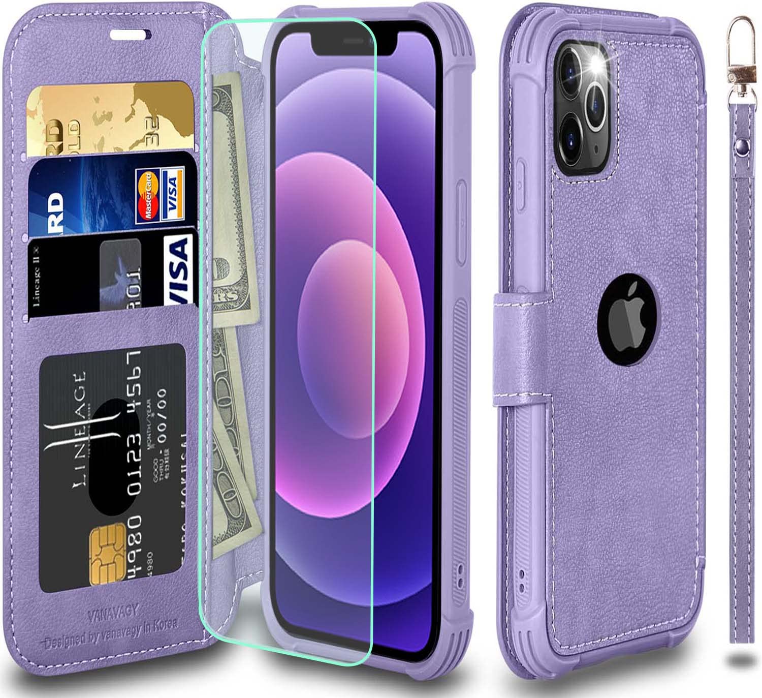 VANAVAGY RFID Leather Wallet Case for iPhone 12/12 Pro - Wireless Charging Compatible Flip Cover with Card Holder, Wrist Strap & Tempered Glass Screen Protector (Clove Purple) - Perfect for Work, Travel & Everyday Use