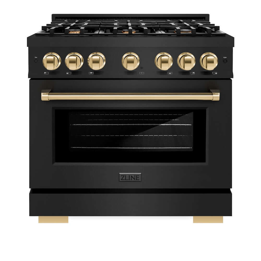 ZLINE Autograph Edition 36 Inch 5.2 Cu Ft Gas Range - 6 Burner Cooktop with Convection Oven - Black Stainless Steel with Polished Gold Accents (HGRBZ 36 G) - Perfect for Professional Kitchens & Luxury Home Cooking