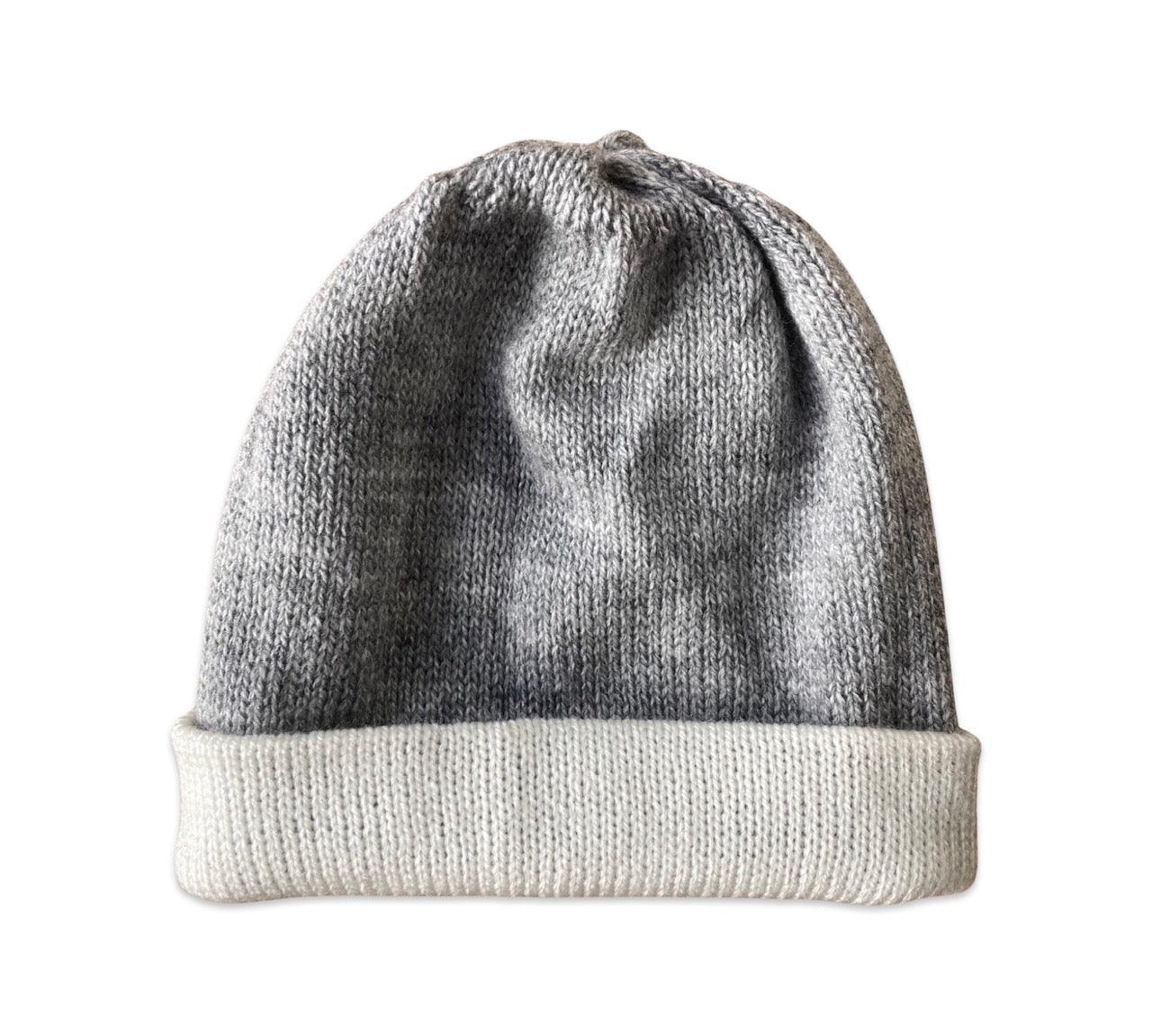 Hand Knitted Alpaca Reversible Beanie - Grey & Ivory - Warm Winter Hat for Men & Women - Perfect for Skiing, Hiking & Outdoor Activities