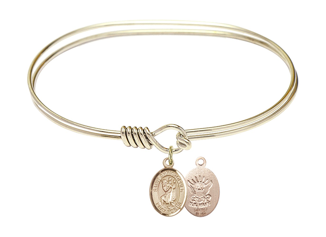 F A Dumont 7 Inch Oval Eye Hook Bangle Bracelet with St. Christopher Navy Charm - Elegant Jewelry for Women, Gift for Travelers, Nautical Style Accessory for Everyday Wear