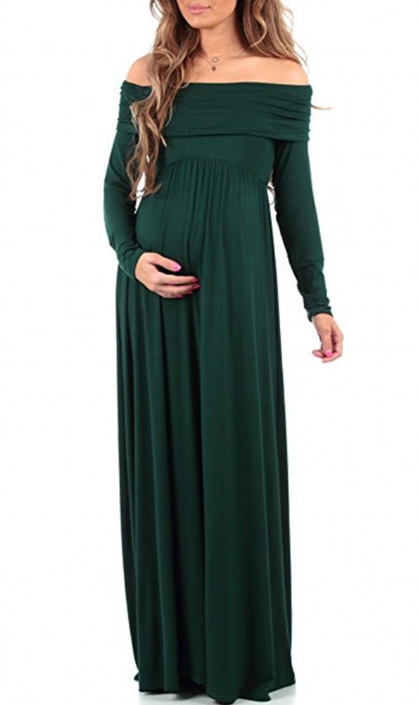 Elegant Off Shoulder Pleated Empire Maxi Maternity Dress with Long Sleeves - Comfortable Pregnancy Clothes for Baby Shower, Maternity Photo Shoot & Special Occasions