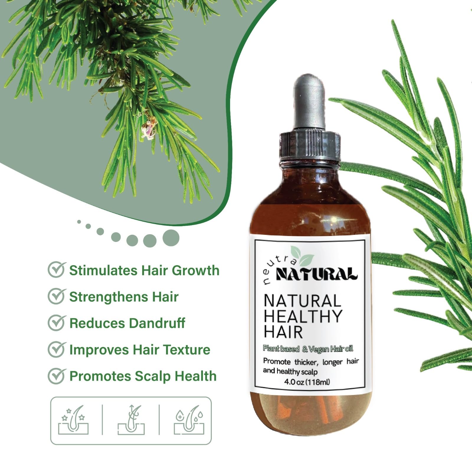 Organic Rosemary Hair Growth Oil - Plant-Based & Healthy Hair Treatment for Thicker, Stronger Hair (2oz) | TikTok Viral Hair Care for Daily Nourishment & Scalp Massage