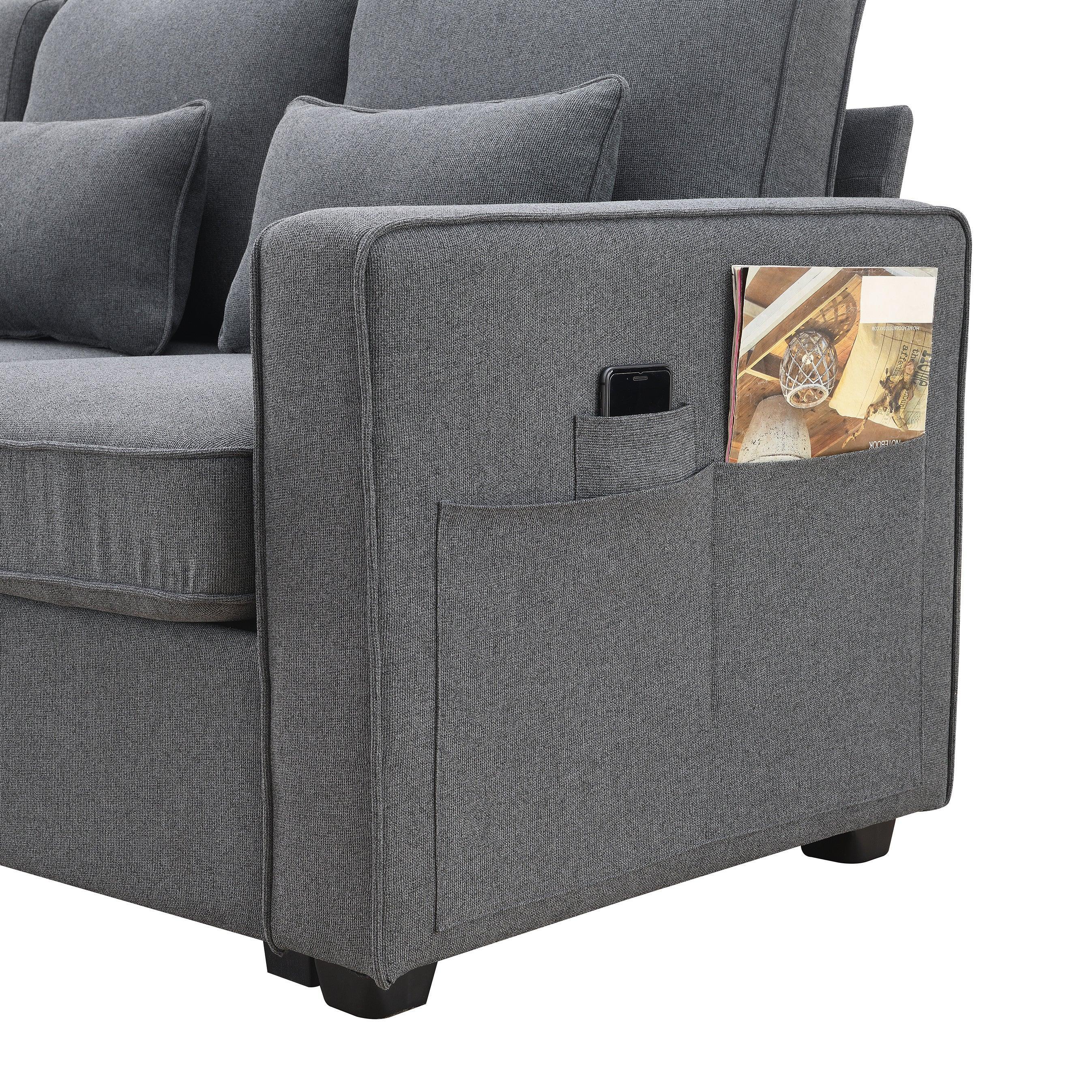 Modern 4-Seater Linen Fabric Sofa with Armrest Storage Pockets & 4 Throw Pillows - Minimalist Living Room Couch for Small Spaces, Apartments and Cozy Home Decor
