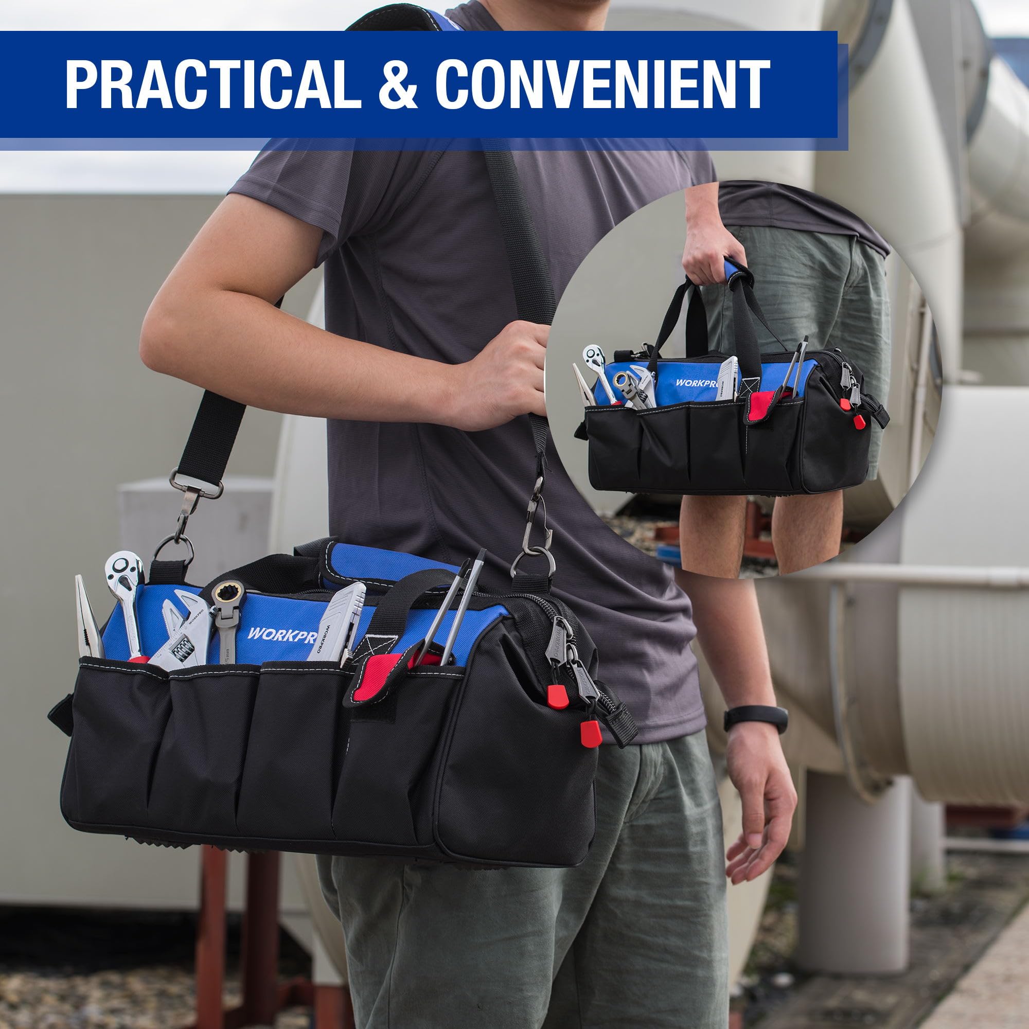 WORKPRO 18-inch Heavy Duty Tool Bag with Adjustable Shoulder Strap, Wide Mouth Storage & Reinforced Bottom - Perfect for Electricians, Plumbers & DIY Home Repairs