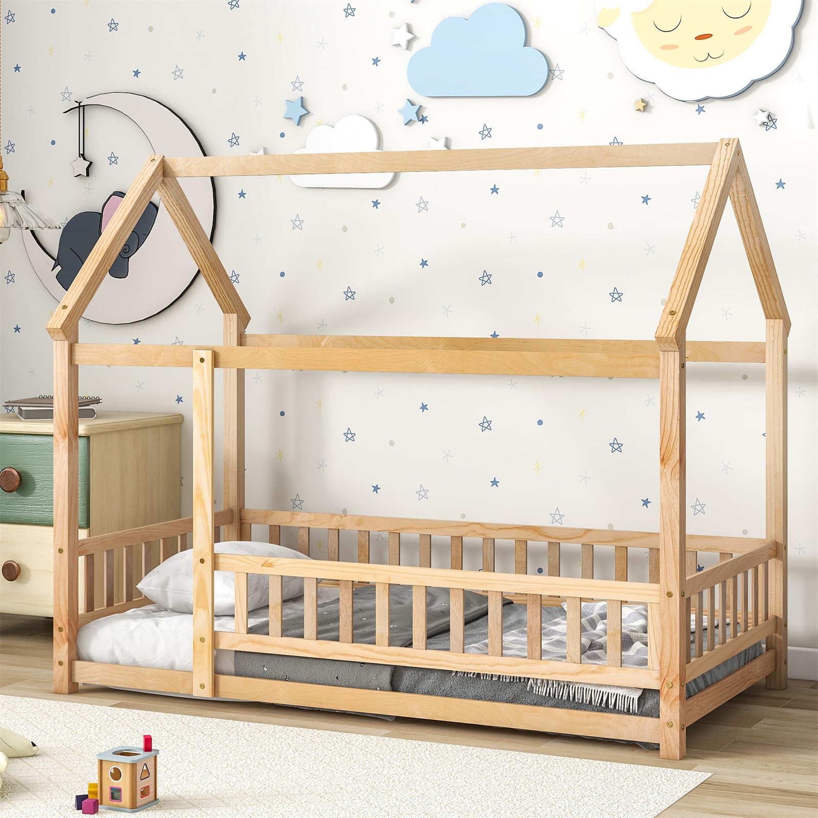Montessori Twin Bed Frame - Wooden House Bed with Fence & Roof - Natural Floor Bed for Kids - Toddler Bedroom Furniture for Boys & Girls - Perfect for Montessori Rooms, Daycare Centers & Cozy Bedrooms