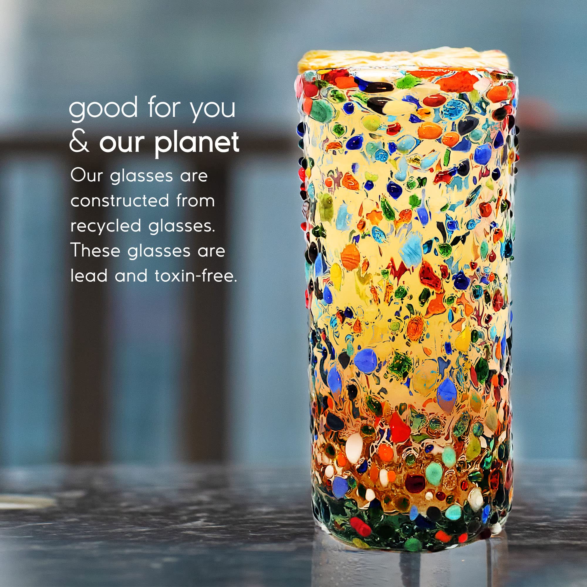 Colorful Confetti Rocks 20 oz Tall Iced Tea Glasses - Set of 6 Handmade Mexican Multicolor Recycled Glass Cups - Lead Free & Non-Toxic Drinkware - Perfect for Summer Parties, Margaritas, and Iced Beverages