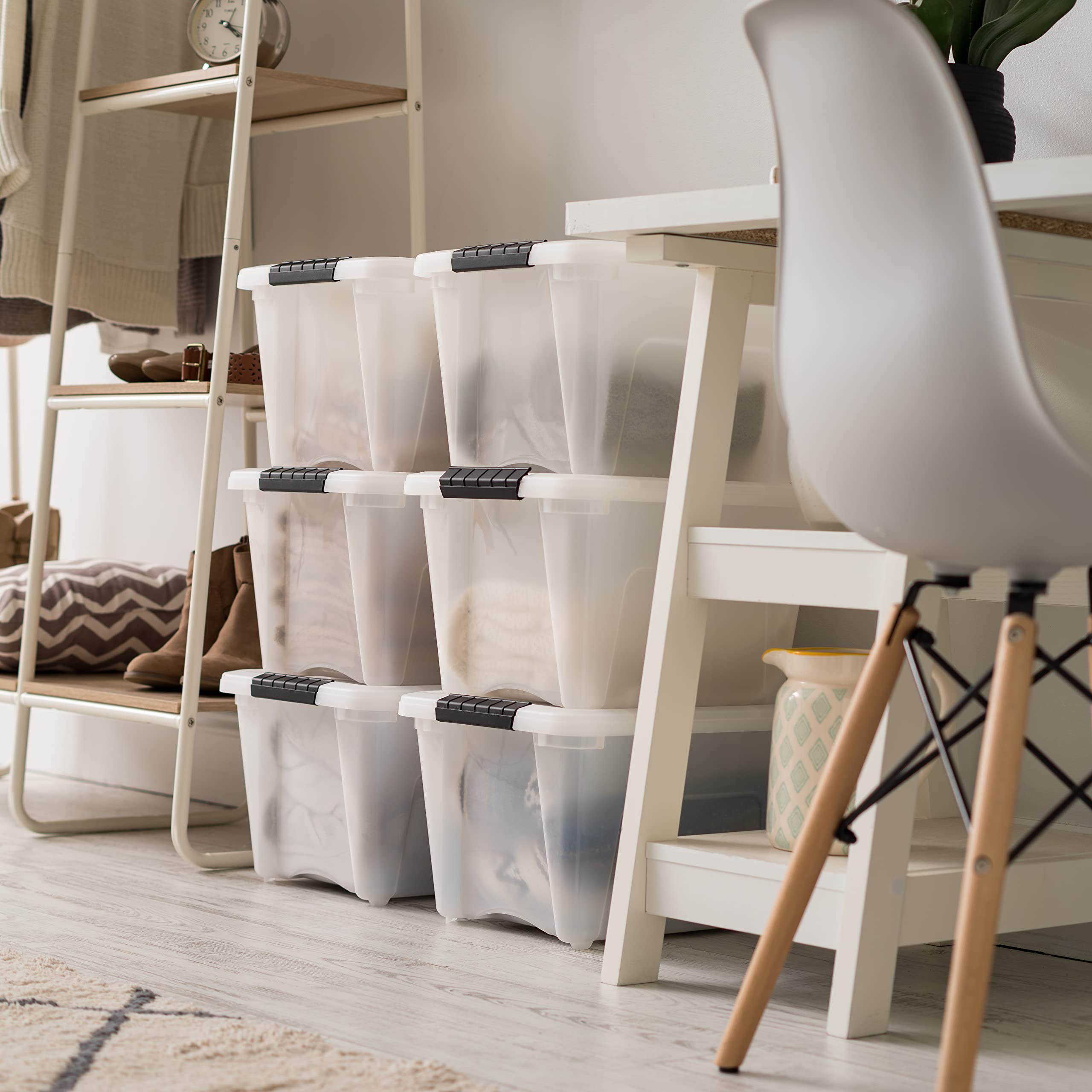 IRIS USA 19 Quart Stackable Plastic Storage Bins with Lids - 6 Pack BPA-Free Organizing Containers | Made in USA | Durable Nestable Design with Secure Latches & Pull Handles | Perfect for Home Organization, Closet Storage & Pantry Organization (Pearl White)