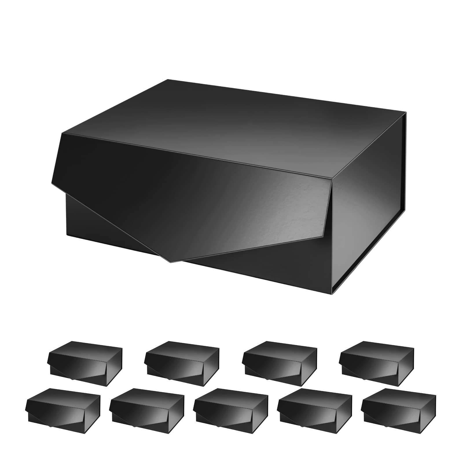 Premium 10-Pack PACKQUEEN Gift Boxes 9x6.5x3.8 Inches - Black Magnetic Closure Collapsible Gift Boxes with Lids for Groomsman Proposals, Jewelry, Cosmetics & Luxury Gift Wrapping (Glossy Black)