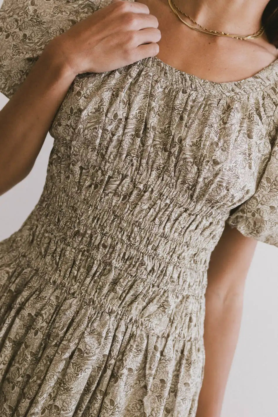 Lucille Smocked Floral Dress in Olive Green - Women's Summer Boho Maxi Dress for Beach Vacation & Outdoor Weddings