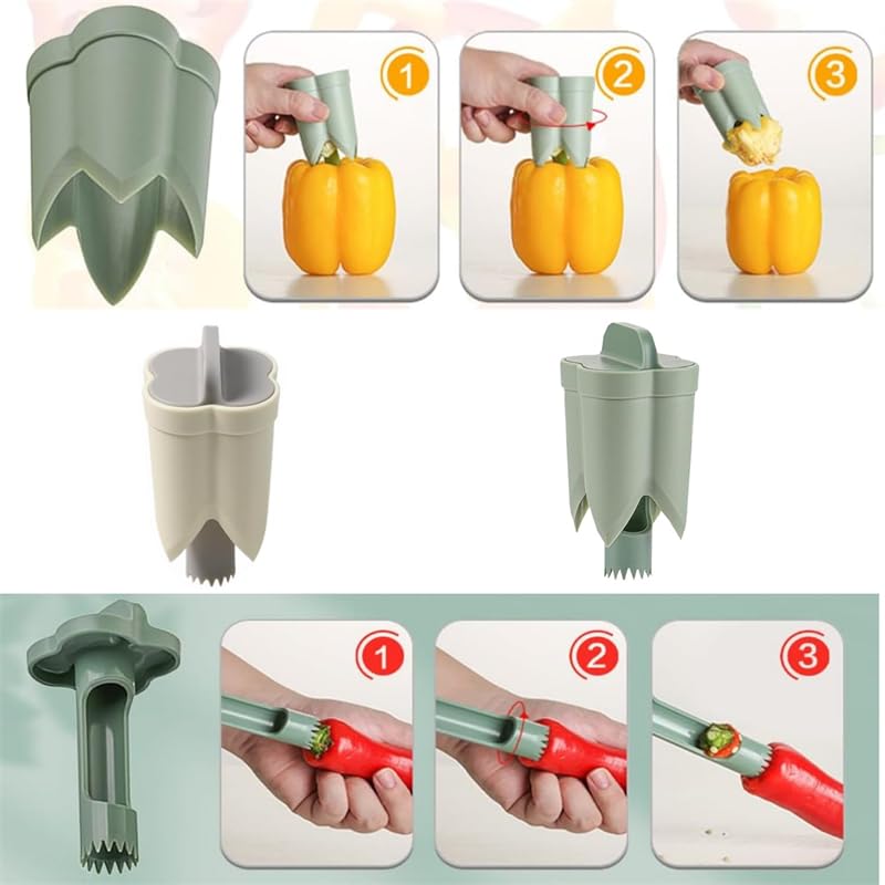 2 in 1 Bell Peppers Seed Core Remover & Jalapeno Corer - Stainless Steel Vegetable & Fruit Coring Tool for BBQ, Cooking, Meal Prep - Quick Core Remover for Green Peppers, Jalapenos, Tomatoes (1x Green)