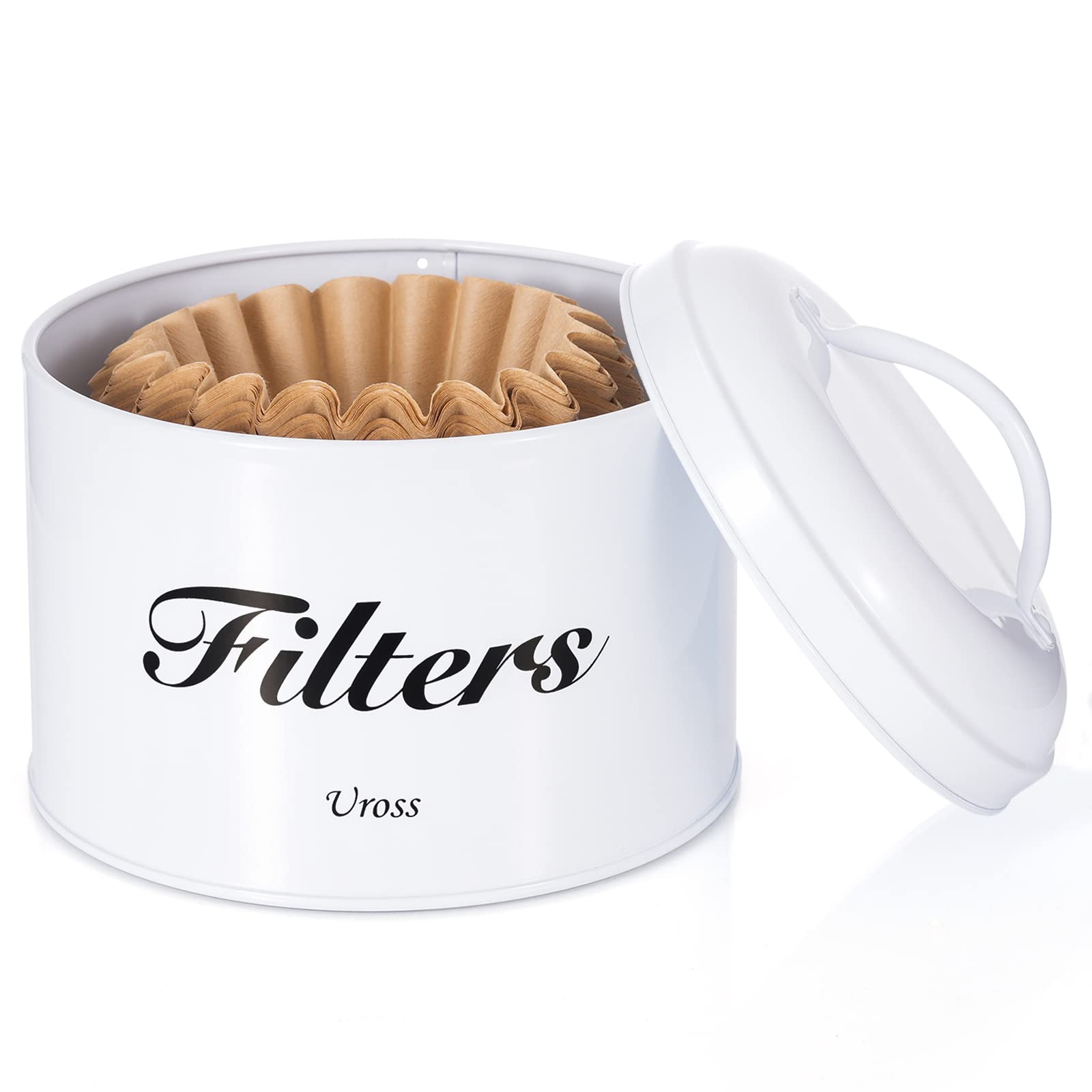 Uross Rustic White Coffee Filter Holder with Lid - Round Coffee Filter Storage Canister Organizer for Coffee Bar Accessories & Kitchen Decor - Perfect for Home Brewing, Cafés, and Coffee Station Organization