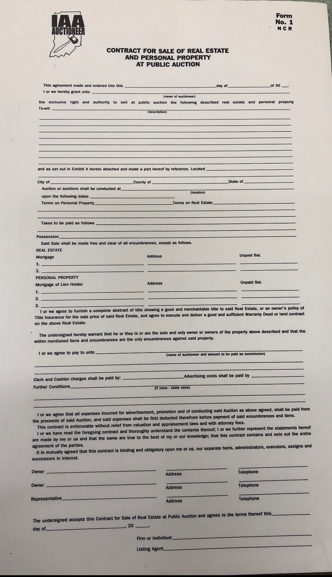 Indiana 2-Part Carbonless PP & RE Contract Forms (50/Set) - Form #1 for Business Agreements, Invoices & Legal Documents