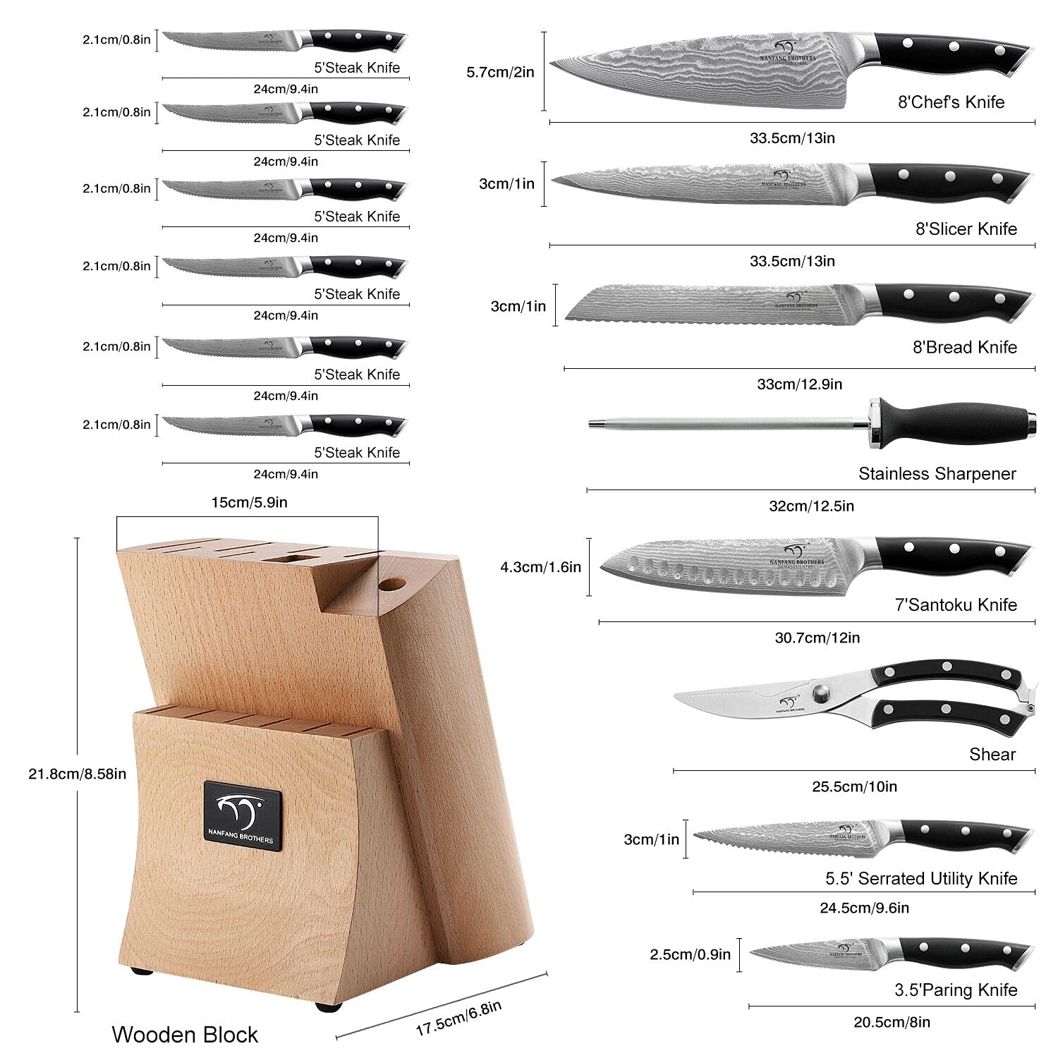 Premium Damascus Steel Kitchen Knife Set - 15-Piece Chef Knives with Wood Block, Ergonomic ABS Handles, Steak Knives, Knife Sharpener & Shears - Perfect for Home Cooking, Professional Chefs & Gift Giving