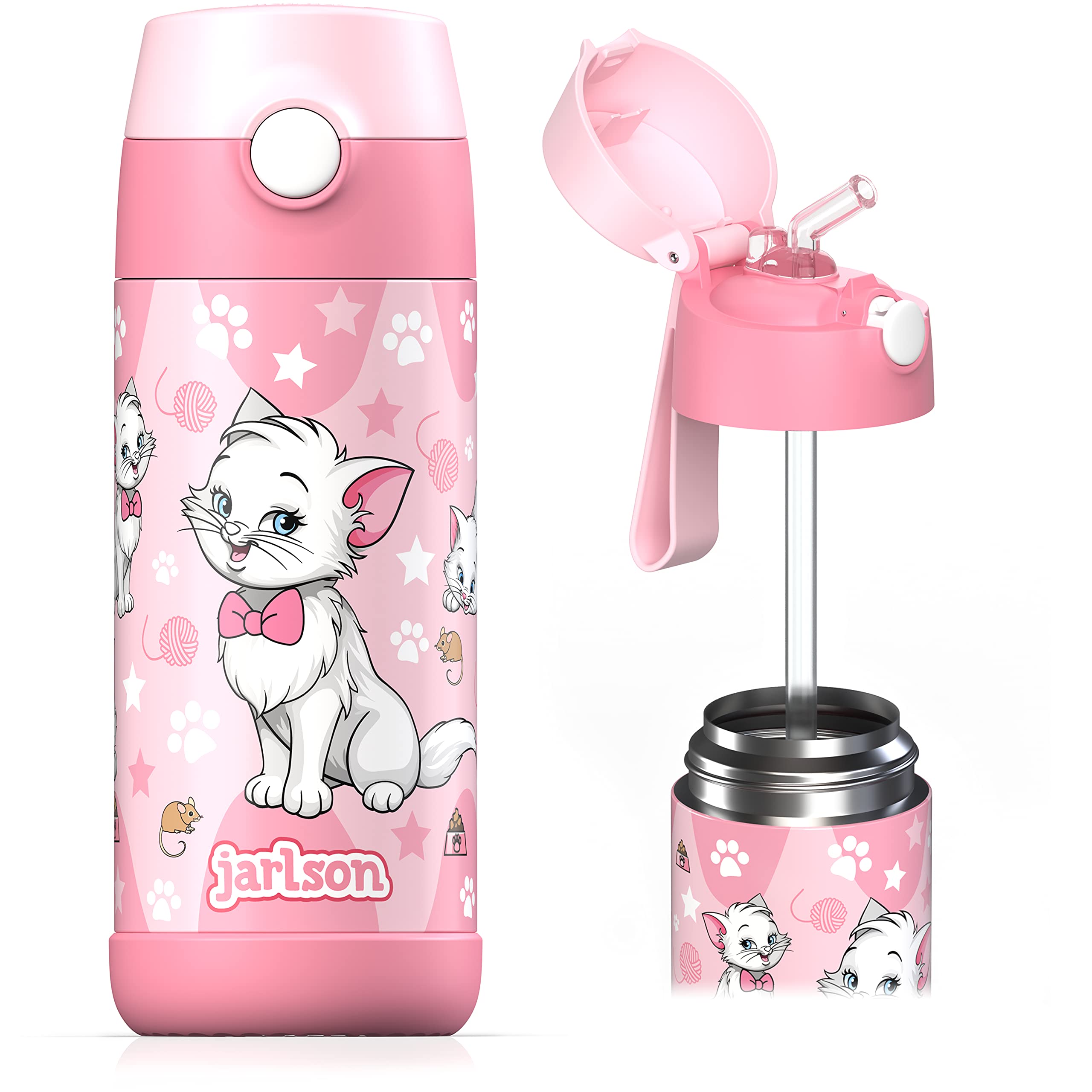 CHARLI Kids Insulated Stainless Steel Water Bottle with Straw - 12oz Leakproof Thermos for Boys & Girls - Cat 'Star' Design - Perfect for School, Sports & Outdoor Activities