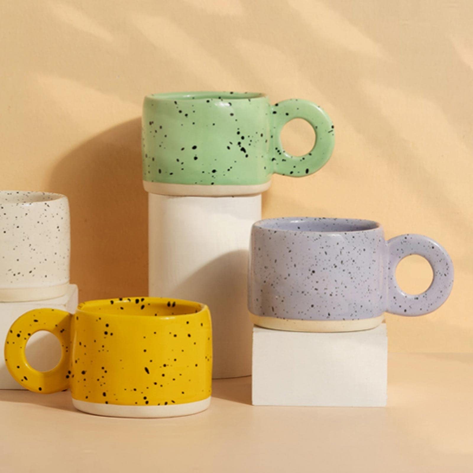 Premium Ceramic Coffee Mug with Ring Handle - 10.1oz (300ml) Insulated Tea & Coffee Cup for Home, Office - Green & Purple Breakfast Mug for Hot/Cold Drinks - Perfect for Morning Coffee, Afternoon Tea or Office Use