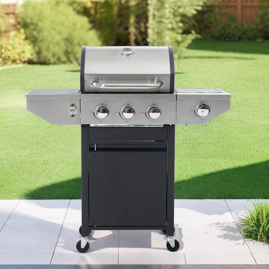 Stainless Steel 3-Burner Propane Gas Grill with Side Burner, Temperature Gauge & Electronic Ignition - 430-Grade Outdoor BBQ Grill with Cast Iron Grids for Backyard, Camping & Tailgating Parties