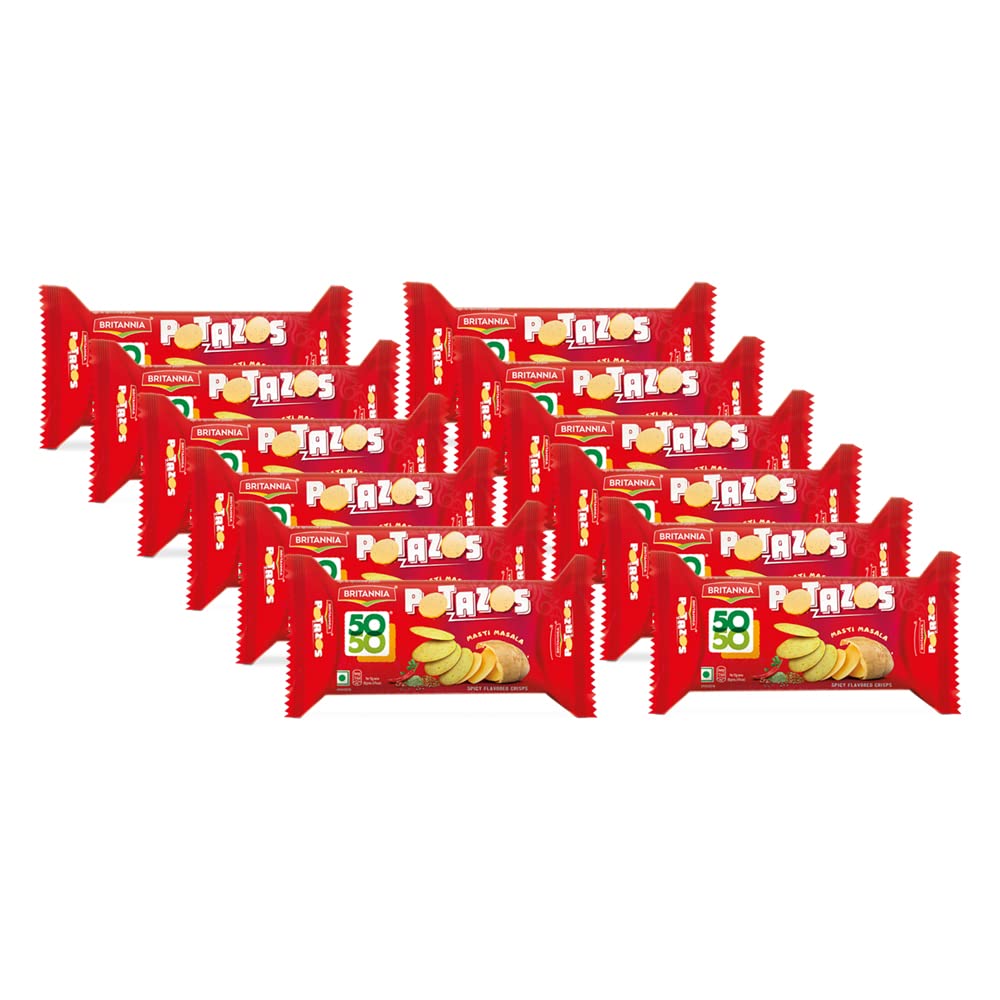 Britannia 50-50 Potazos Masti Masala Spicy Flavored Crisps 3.52oz (100g) - Crunchy Indian Snacks for Parties, Travel & Movie Nights (Pack of 12)