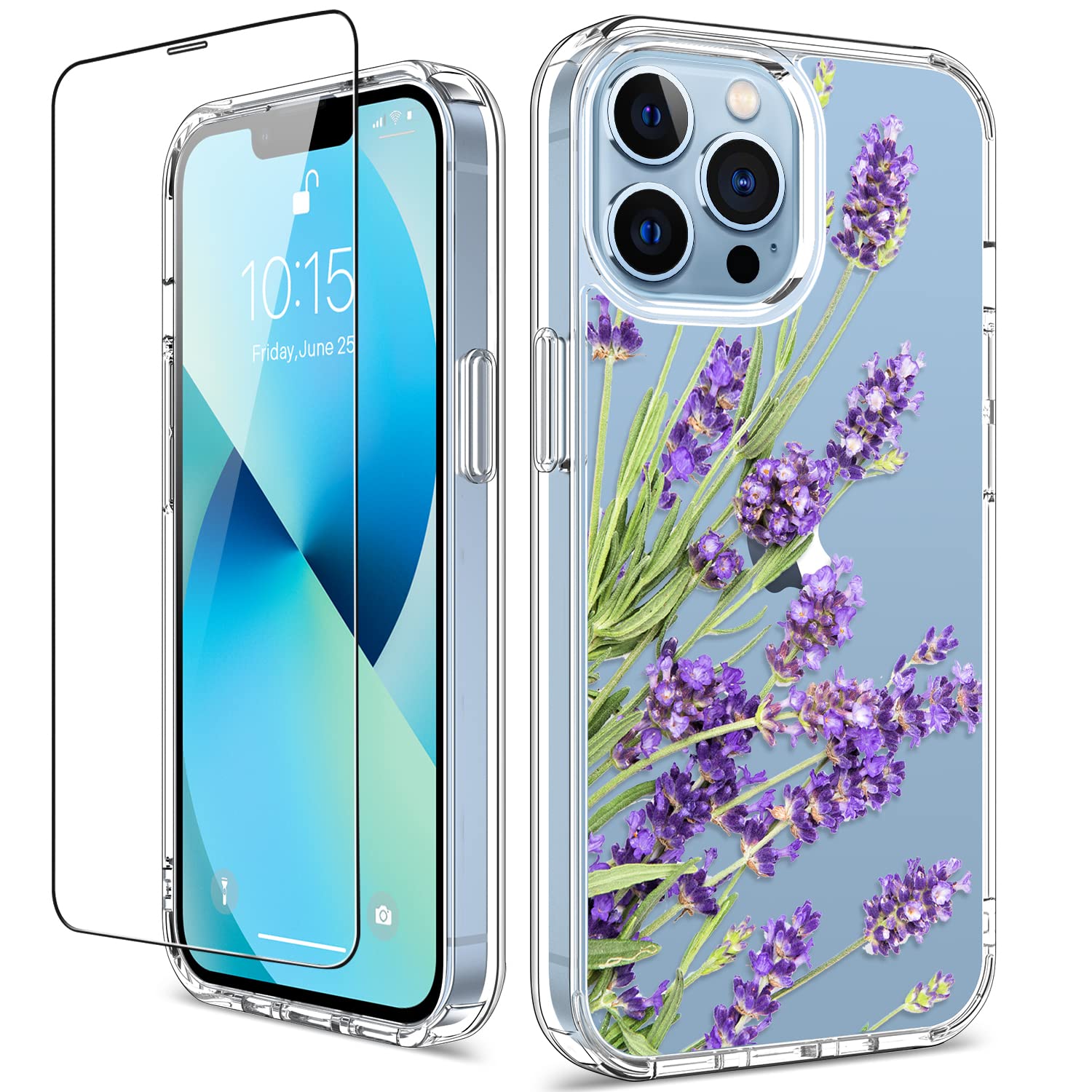 GiiKa iPhone 13 Pro Max Case with Screen Protector - 6.7 Inch Clear Shockproof Protective Floral Design Hard Case with TPU Bumper Cover for Women & Girls - Purple Flowers | Perfect for Everyday Use, Work & Travel Protection