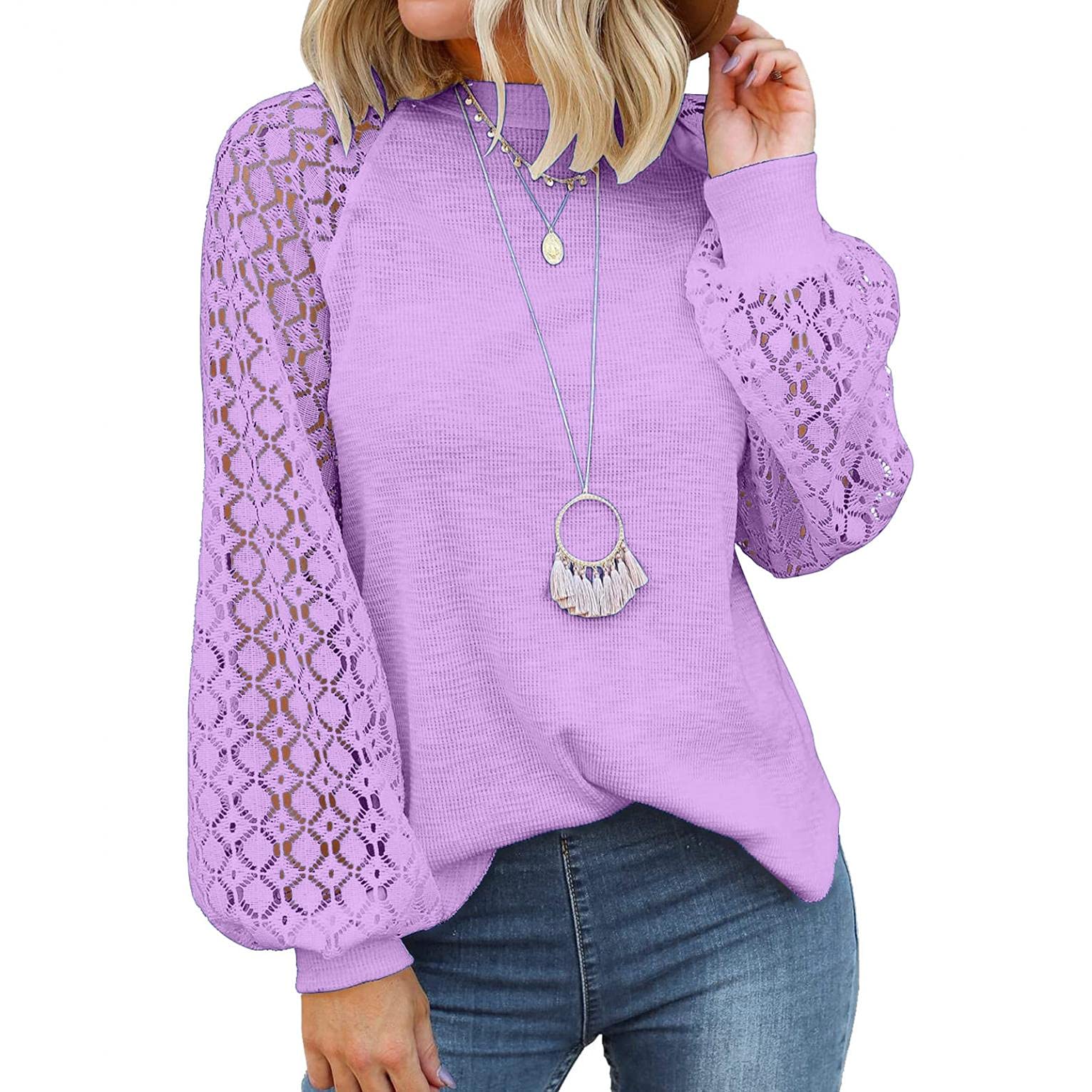 Sexy Casual Women's Long Sleeve Lace Blouse - Autumn Trendy Solid Color Waffle Knit Pullover Tops for Women | Perfect for Office Wear, Date Nights & Fall Layering