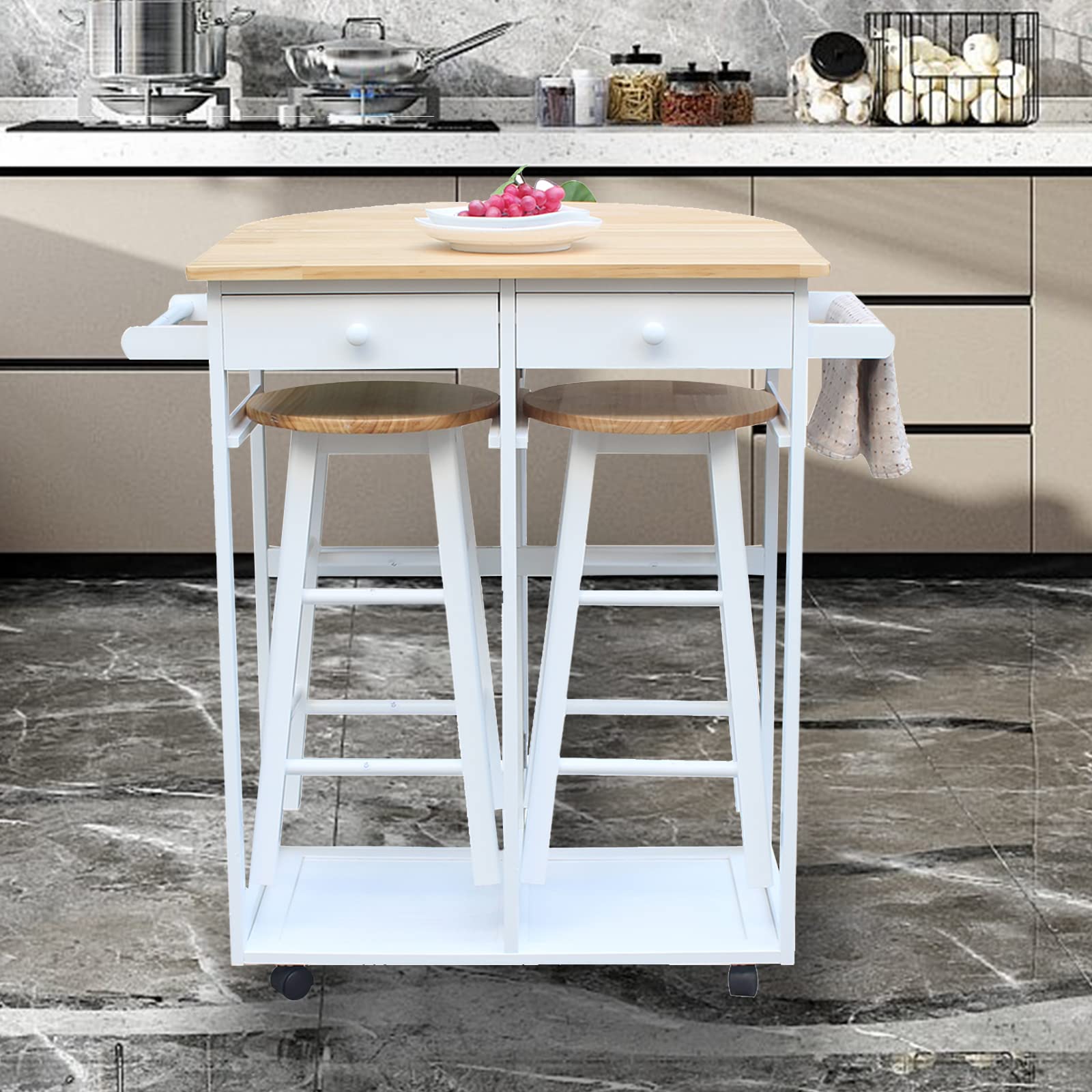 Foldable Kitchen Bar Table Set with Stools - Space-Saving Drop Leaf Breakfast Nook Table for Small Spaces, Mobile Kitchen Island Cart with Dark Wood Top & White Legs - Perfect for Apartments, Dorms & Compact Dining Areas