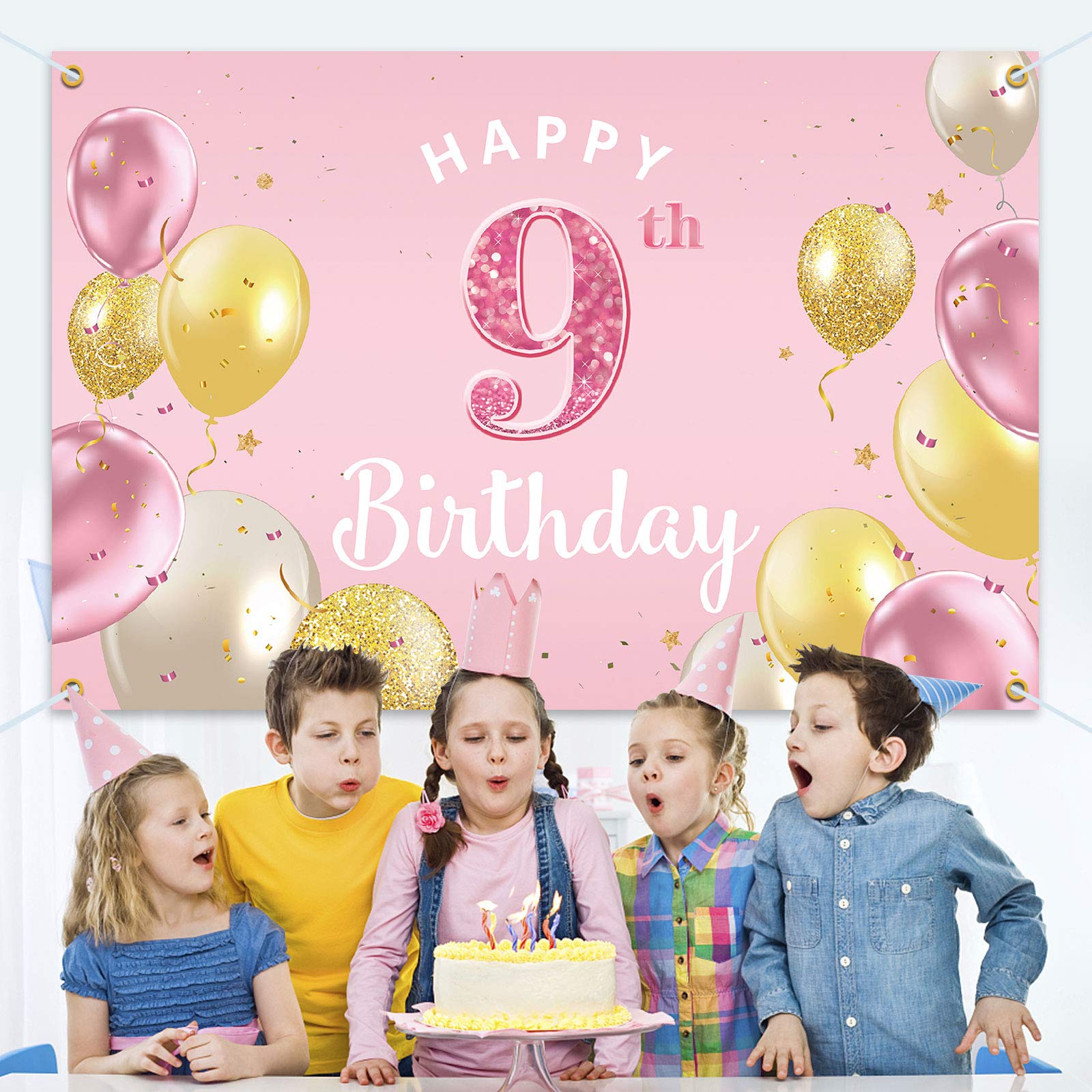 Happy 9th Birthday Backdrop Banner - Pink 3.9x5.9ft Party Decorations for Girls - Perfect for Birthday Celebrations, Photo Booths & Indoor Events