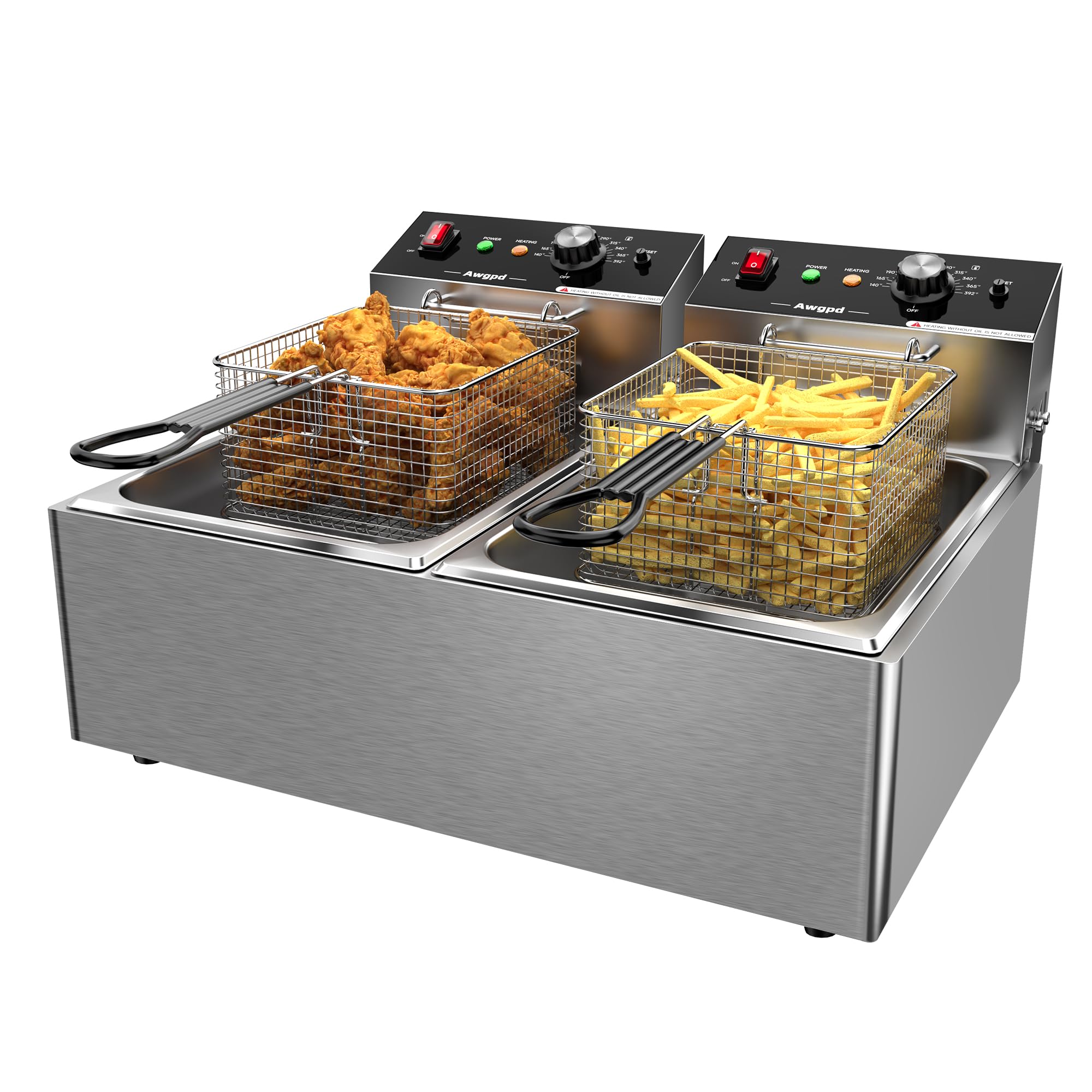 Commercial Stainless Steel Double Deep Fryer - 10L x 2 (21.3QT) Capacity with 2 Baskets - 3400W Electric Countertop Fryer for Restaurants, Food Trucks & Home Kitchens - Perfect for Frying Chicken, French Fries & Seafood (110V)