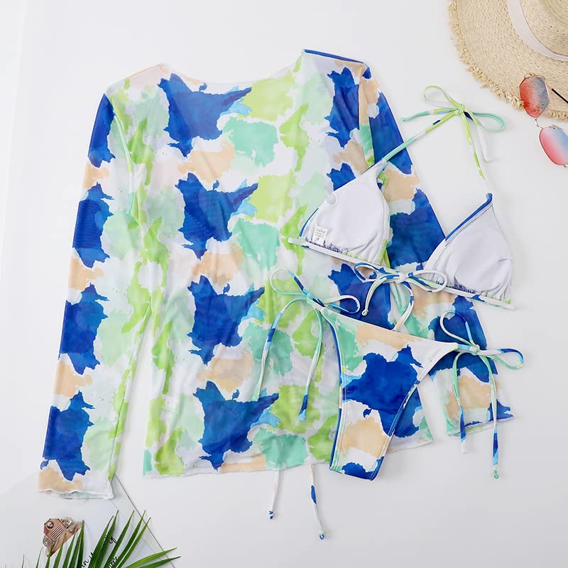 Women's 3 Piece Printed Triangle Halter Bikini Set with Drawstring Long Sleeves Mesh Beach Cover Up - Sexy Swimwear for Summer Vacation, Pool Party & Tropical Getaway